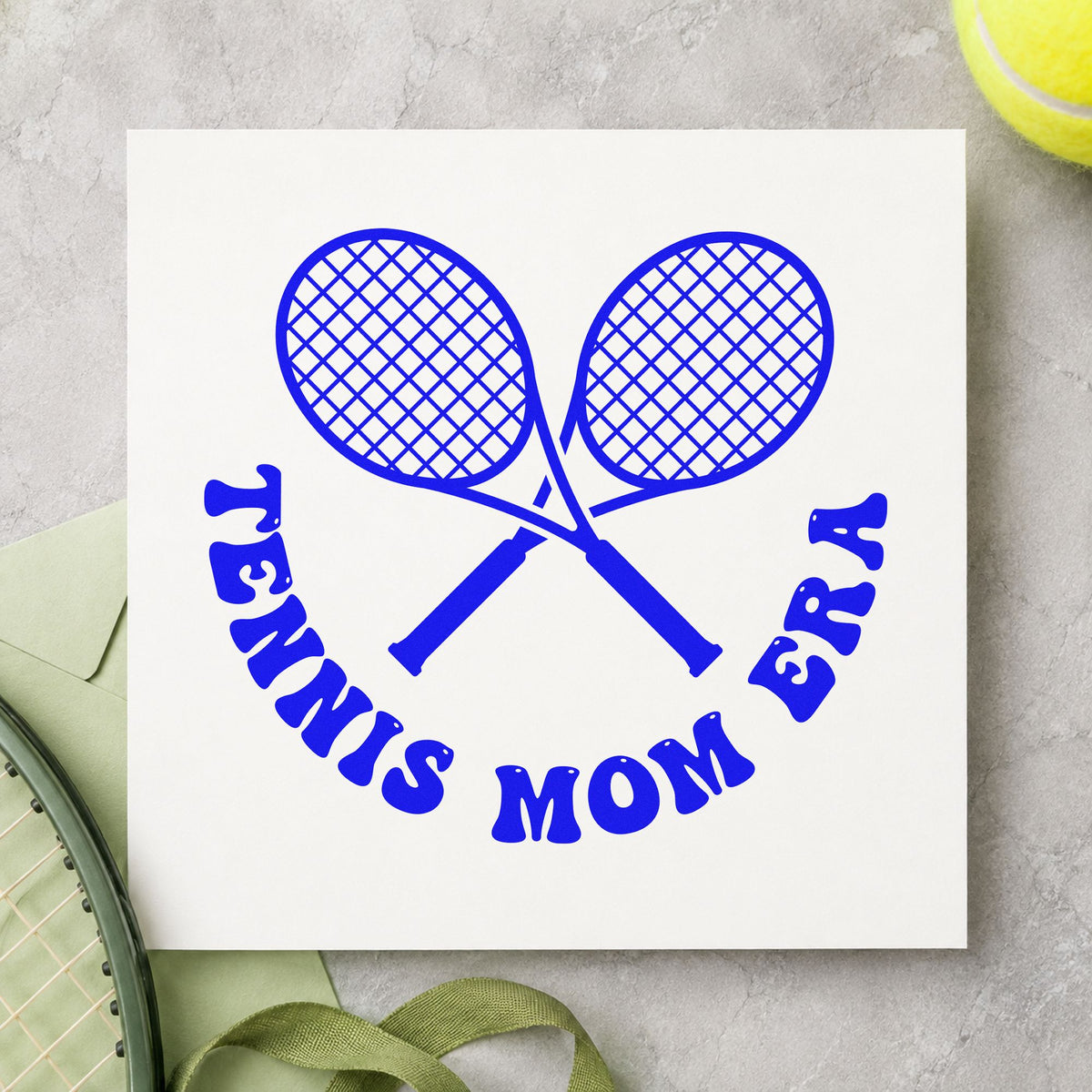 Tennis Mom Era Rackets craft stamp imprinted in blue ink on paper, a design suited to framed court entry.