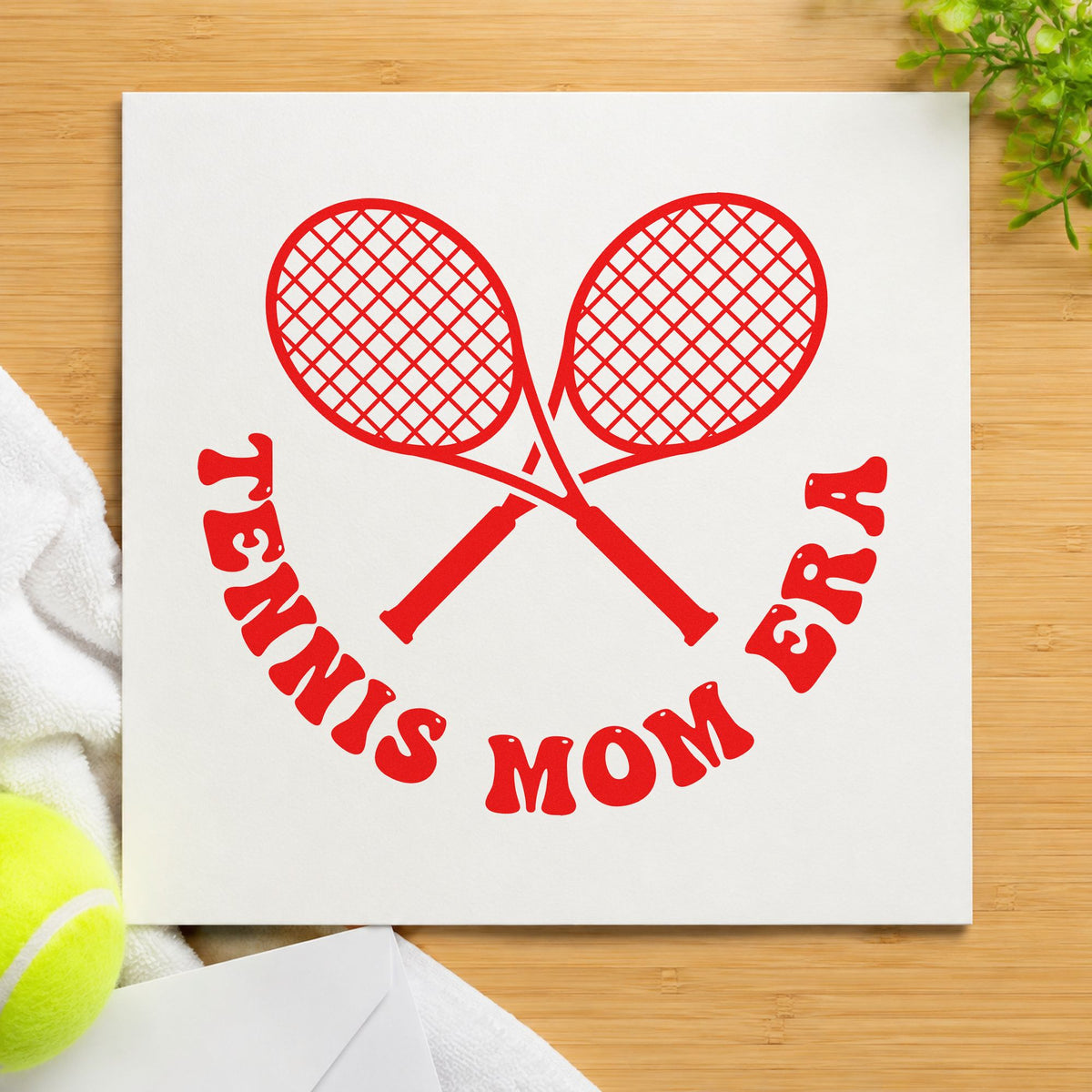 Tennis Mom Era Rackets rubber stamp shown in red ink, stamped for projects such as bin uniform labels.