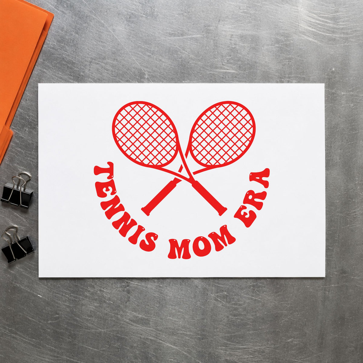 Tennis Mom Era Rackets craft stamp imprint in red ink on a handmade project, one idea being package info cards.
