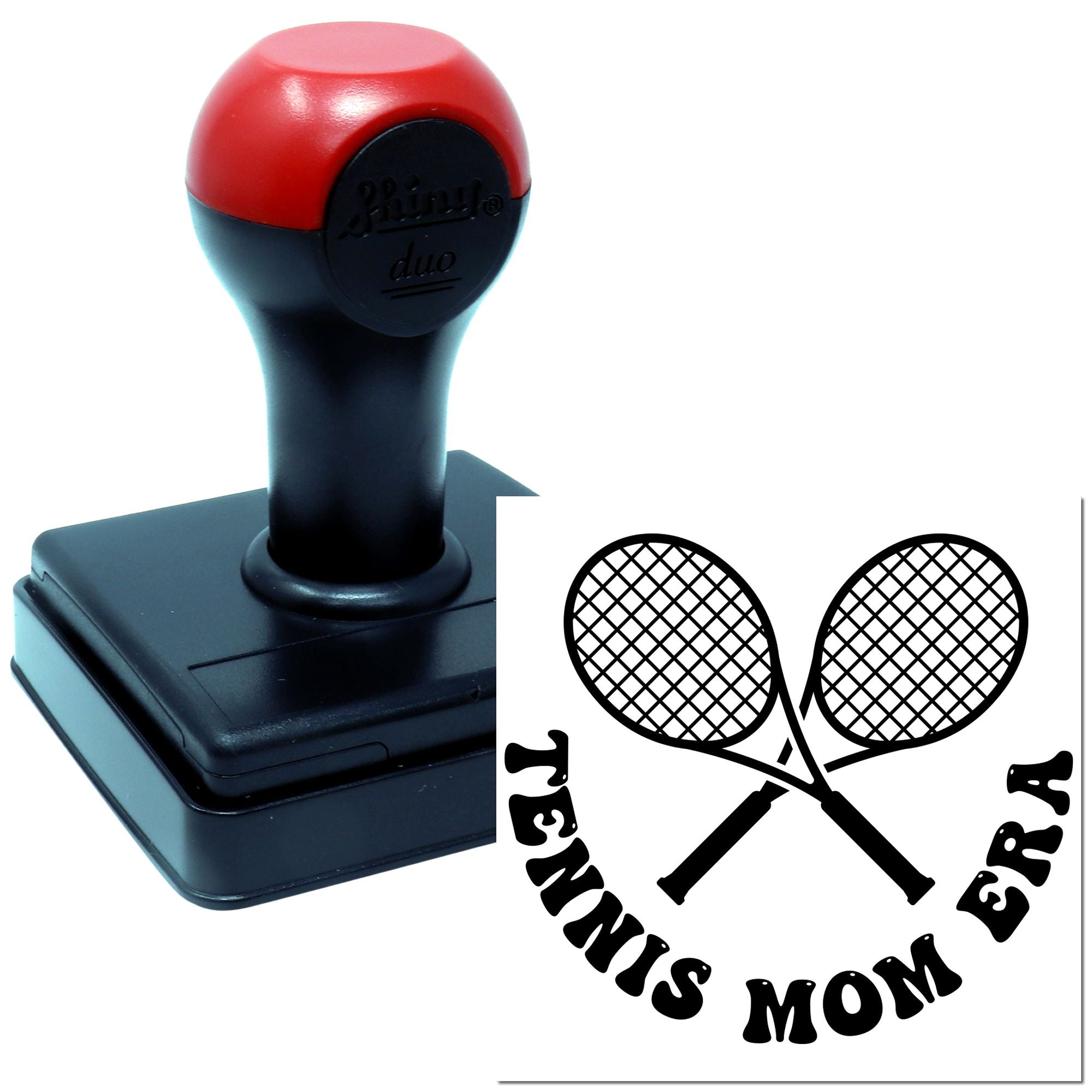 Custom self-inking rubber stamp with tennis mom crossed-rackets logo for personalized sports stationery