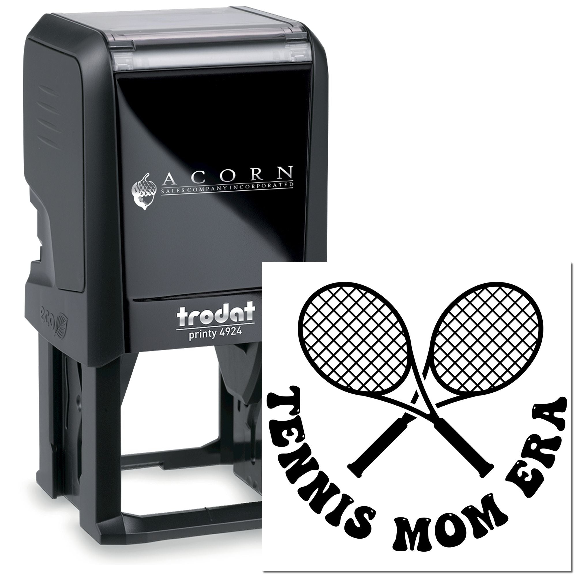 Custom self-inking rubber stamp with crossed tennis rackets and Tennis Mom design, Trodat Printy 4924 logo stamp