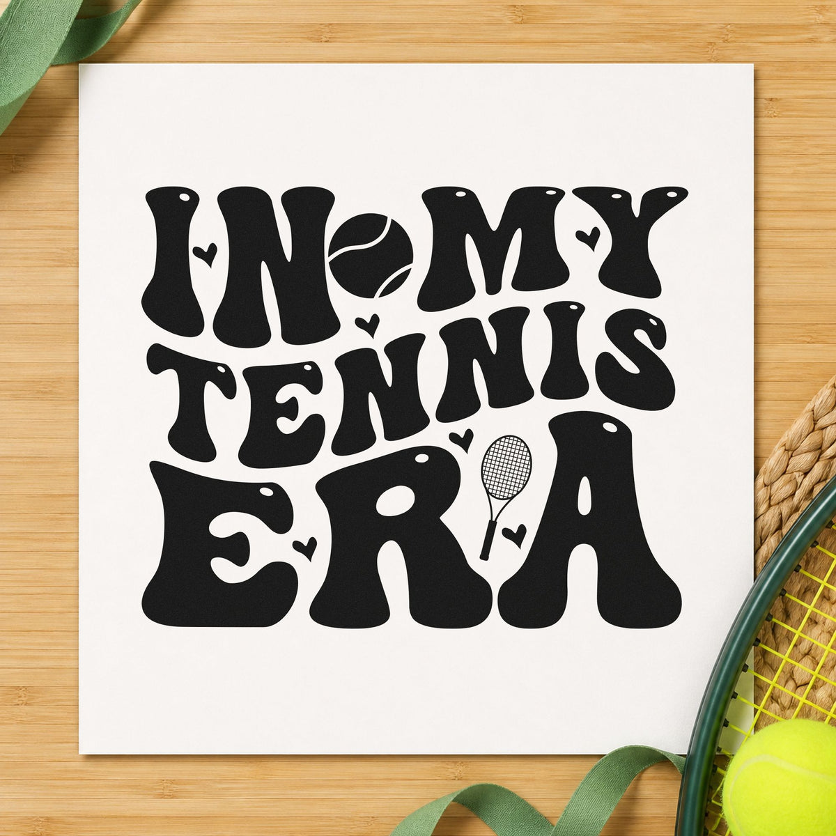 In My Tennis Era craft stamp imprint in black ink on a handmade project, one idea being new racket gift tags.