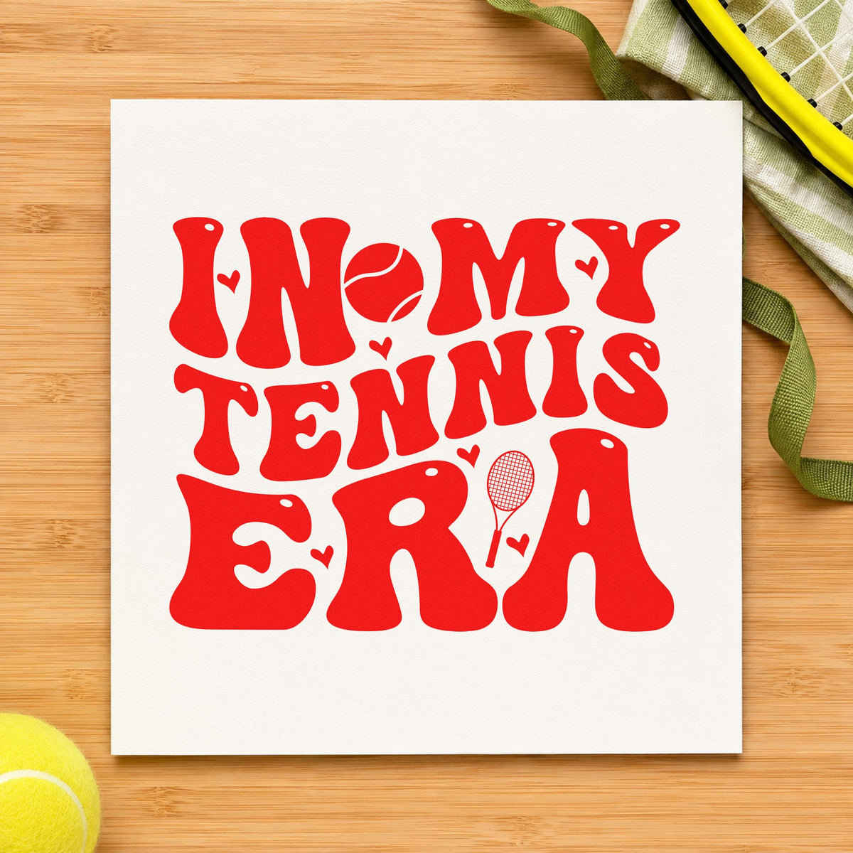 In My Tennis Era rubber stamp shown in red ink, stamped for projects such as bin court labels.