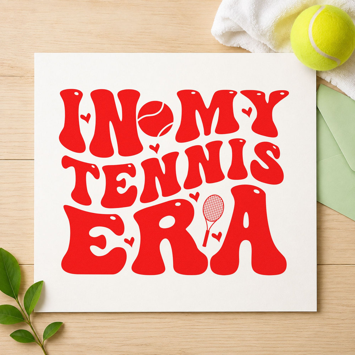 In My Tennis Era craft stamp imprint in red ink on a handmade project, one idea being session log cards.
