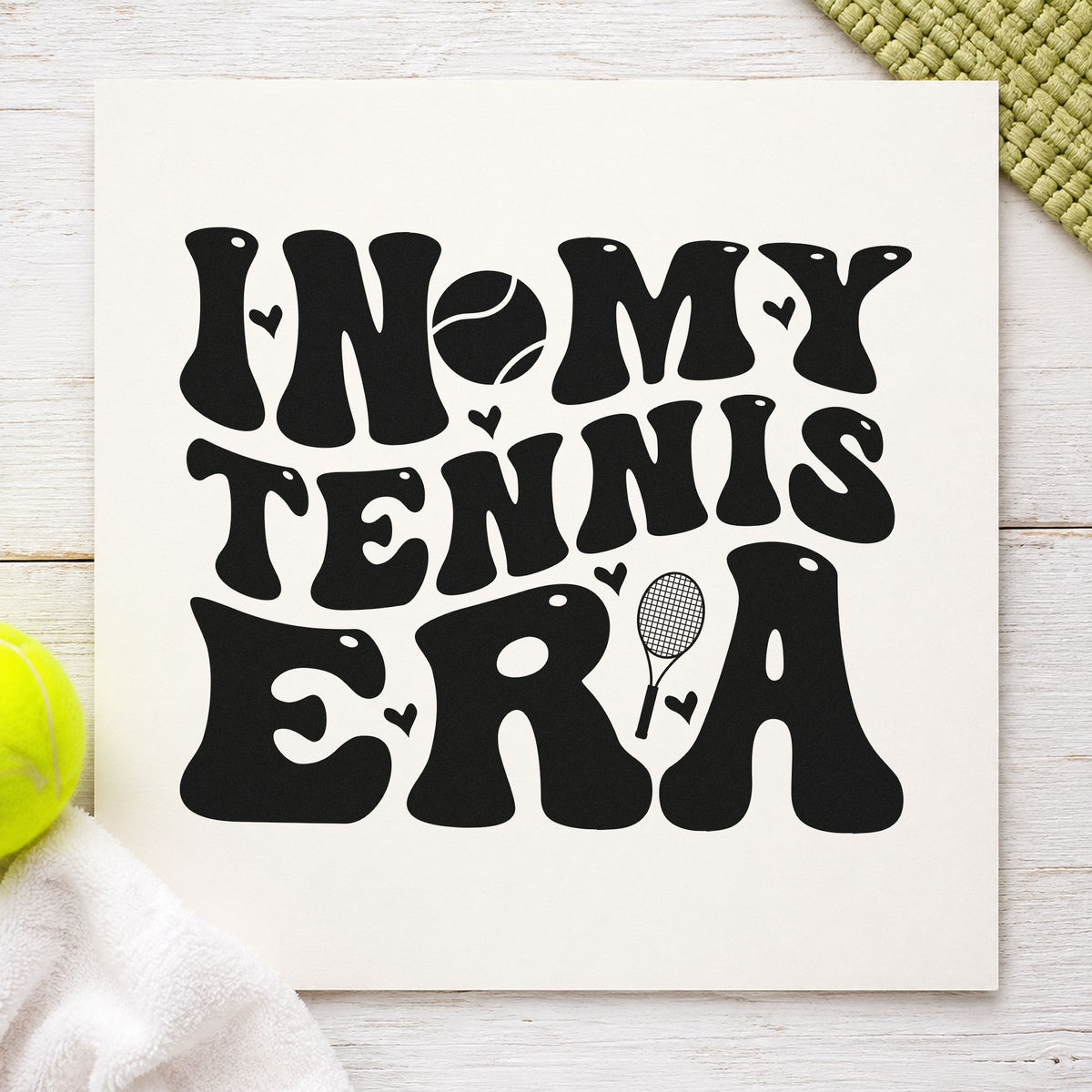 In My Tennis Era rubber stamp printed in black ink, ready for ball racket cards and similar paper crafts.