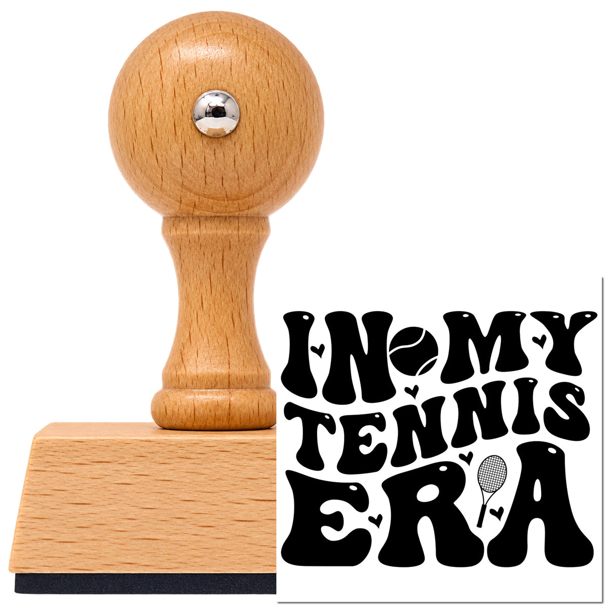 In My Tennis Era Lettering Vintage Pro rubber stamp in European beech wood with a round knob handle, shown beside its black imprint.