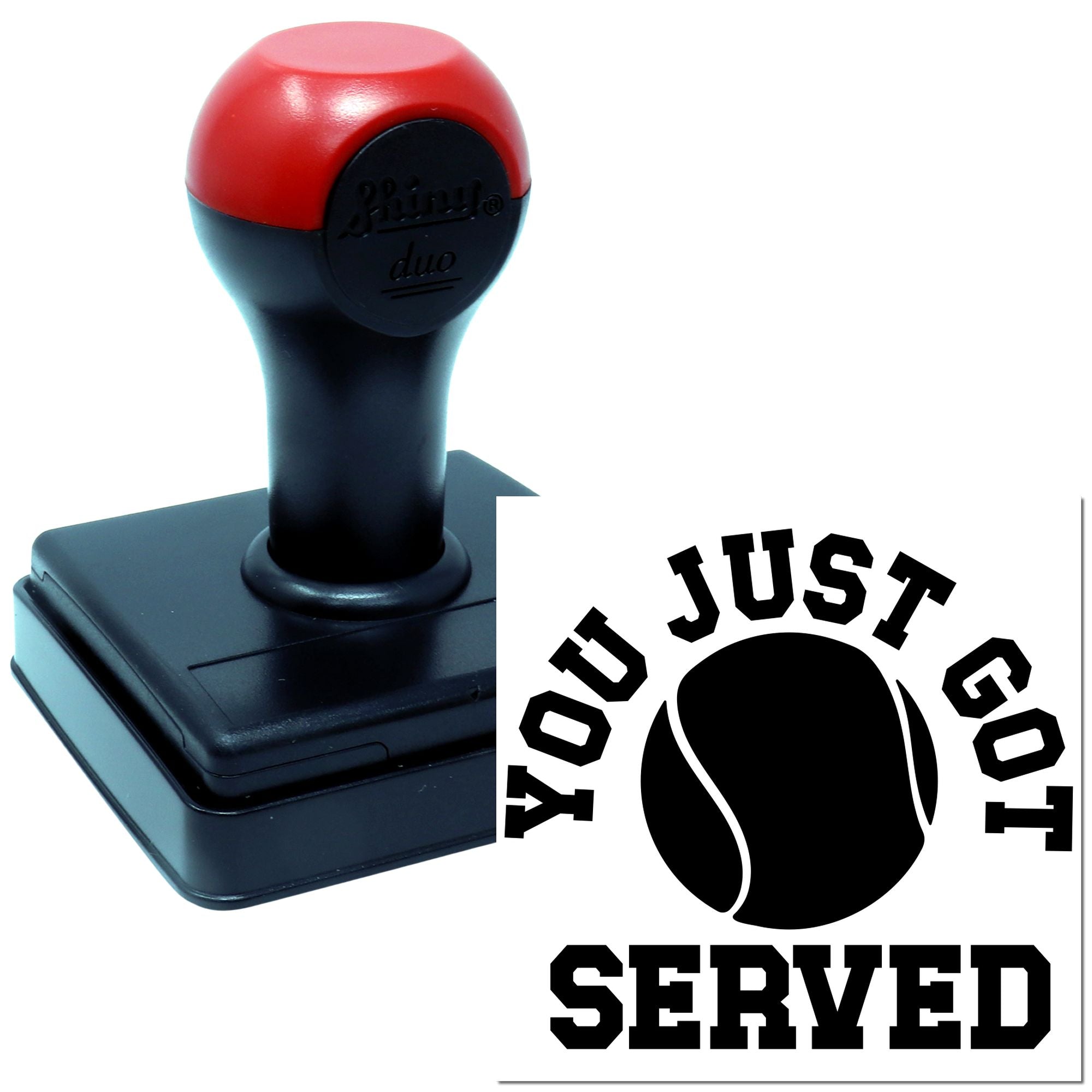 Custom self-inking rubber stamp with tennis Just Got Served design for coaches, clubs, and sports-themed projects