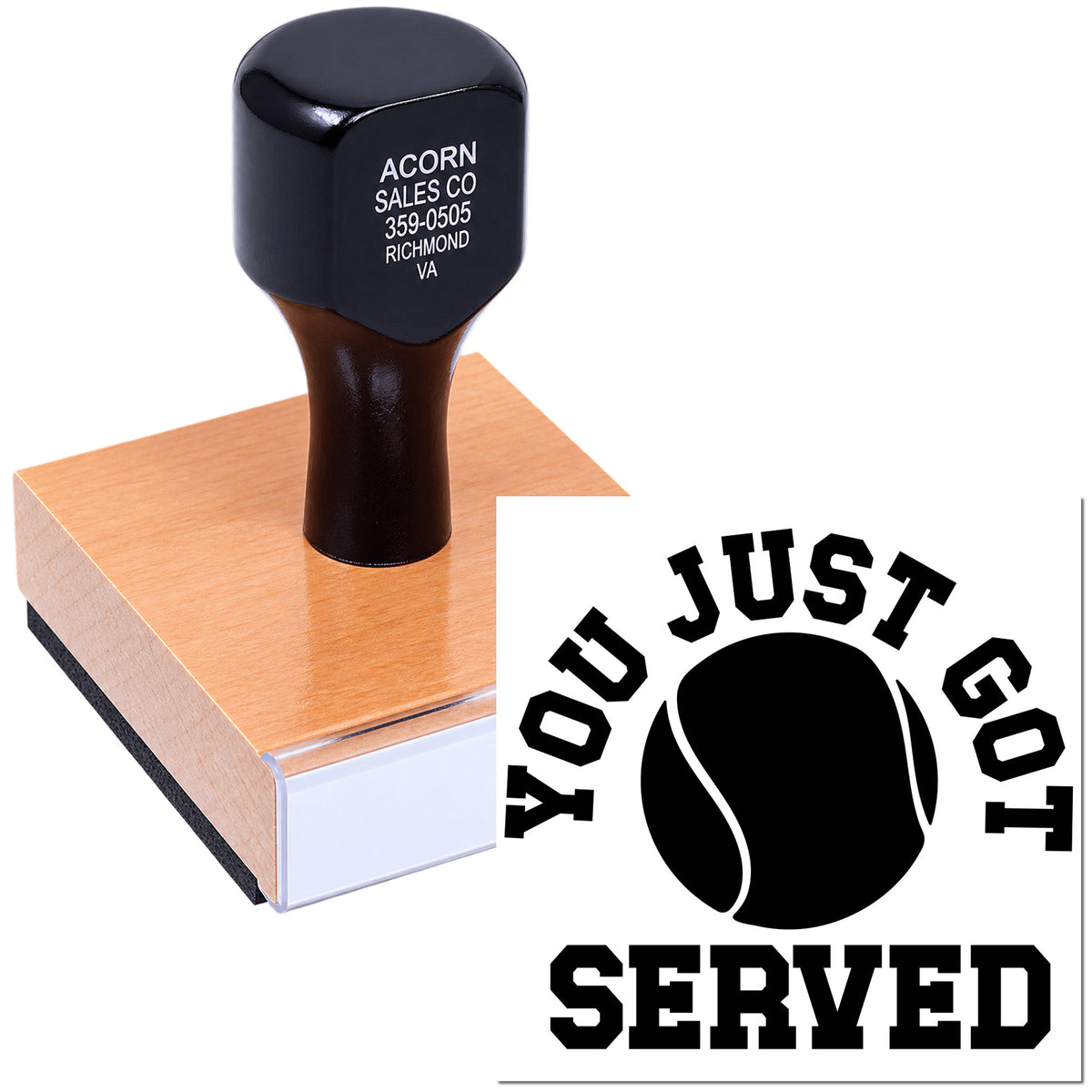 Custom rubber stamp with You Just Got Served tennis design for coaches, clubs, and tournament awards.