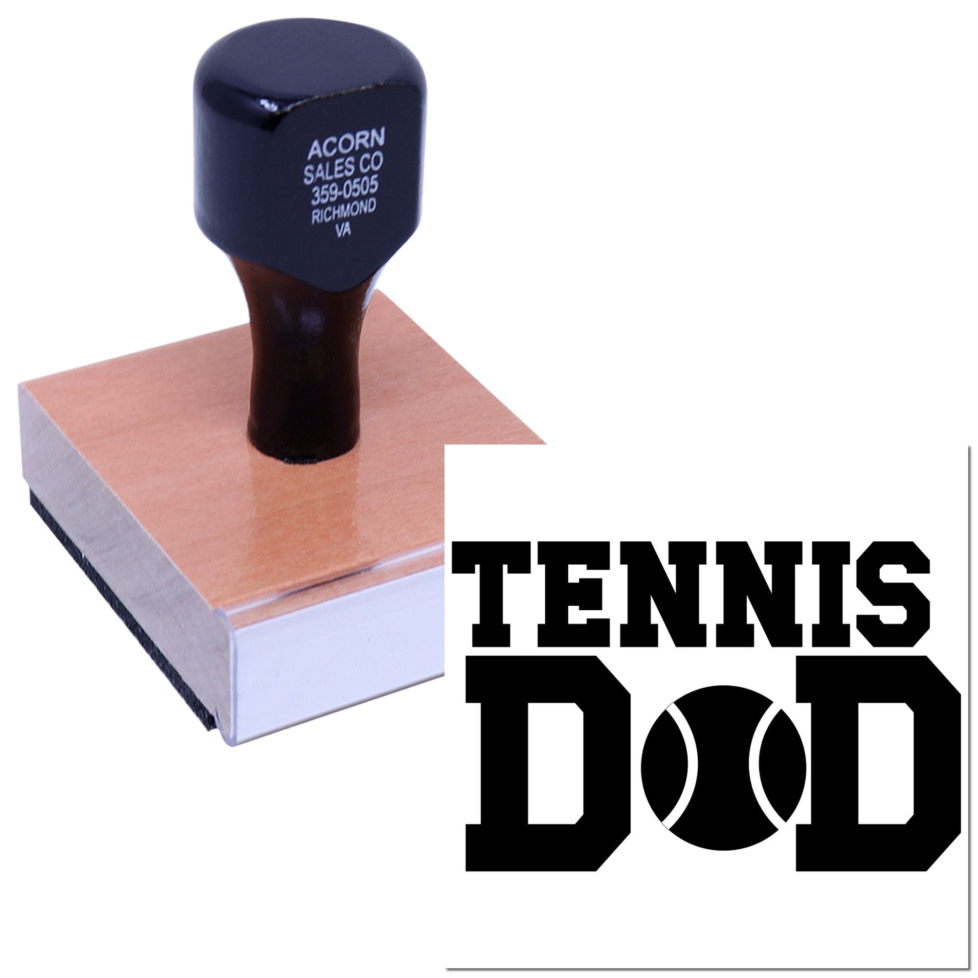 Custom Tennis Dad rubber stamp with wood handle for personalized sports-themed cards, gifts, and crafts.
