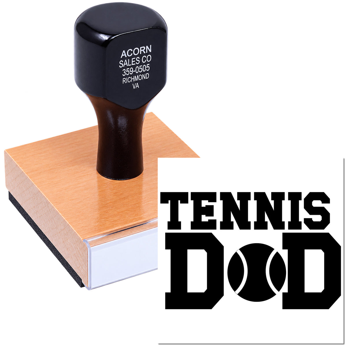 Custom Tennis Dad rubber stamp with wood handle for personalized sports-themed cards, gifts, and crafts.