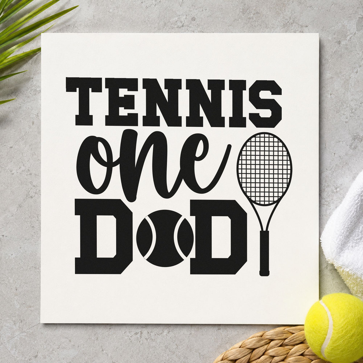 Tennis One Racket Lettering craft stamp in black ink on cardstock, an easy option for garage job album page.