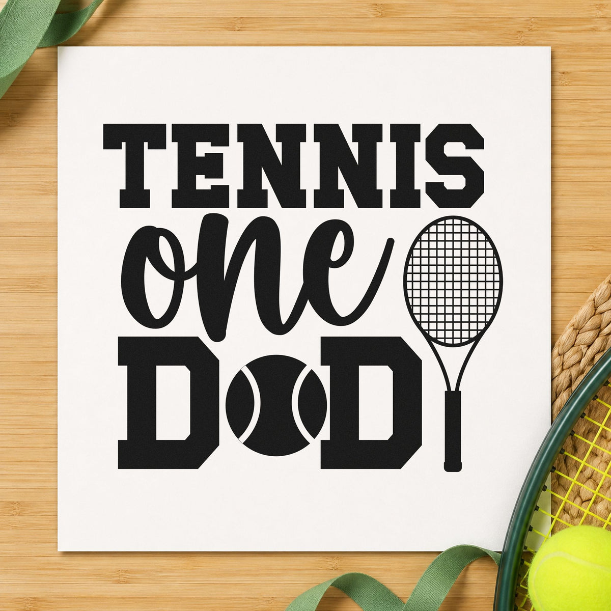 Tennis One Racket Lettering craft stamp imprint in black ink on a handmade project, one idea being strung frame tags.