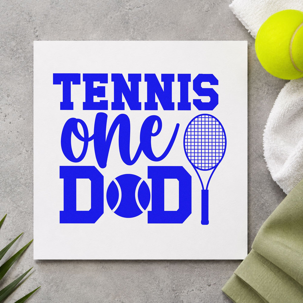Tennis One Racket Lettering craft stamp imprinted in blue ink on paper, a design suited to framed garage corner.