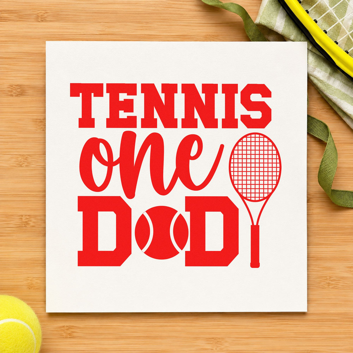 Tennis One Racket Lettering rubber stamp shown in red ink, stamped for projects such as drawer reel labels.