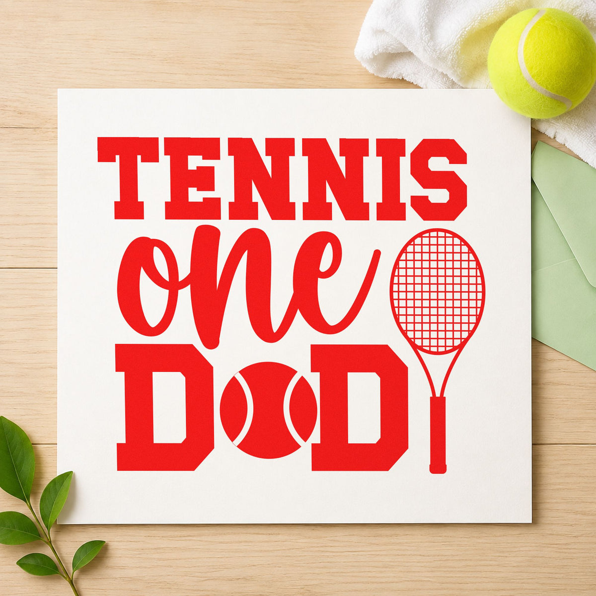Tennis One Racket Lettering craft stamp imprint in red ink on a handmade project, one idea being string note cards.