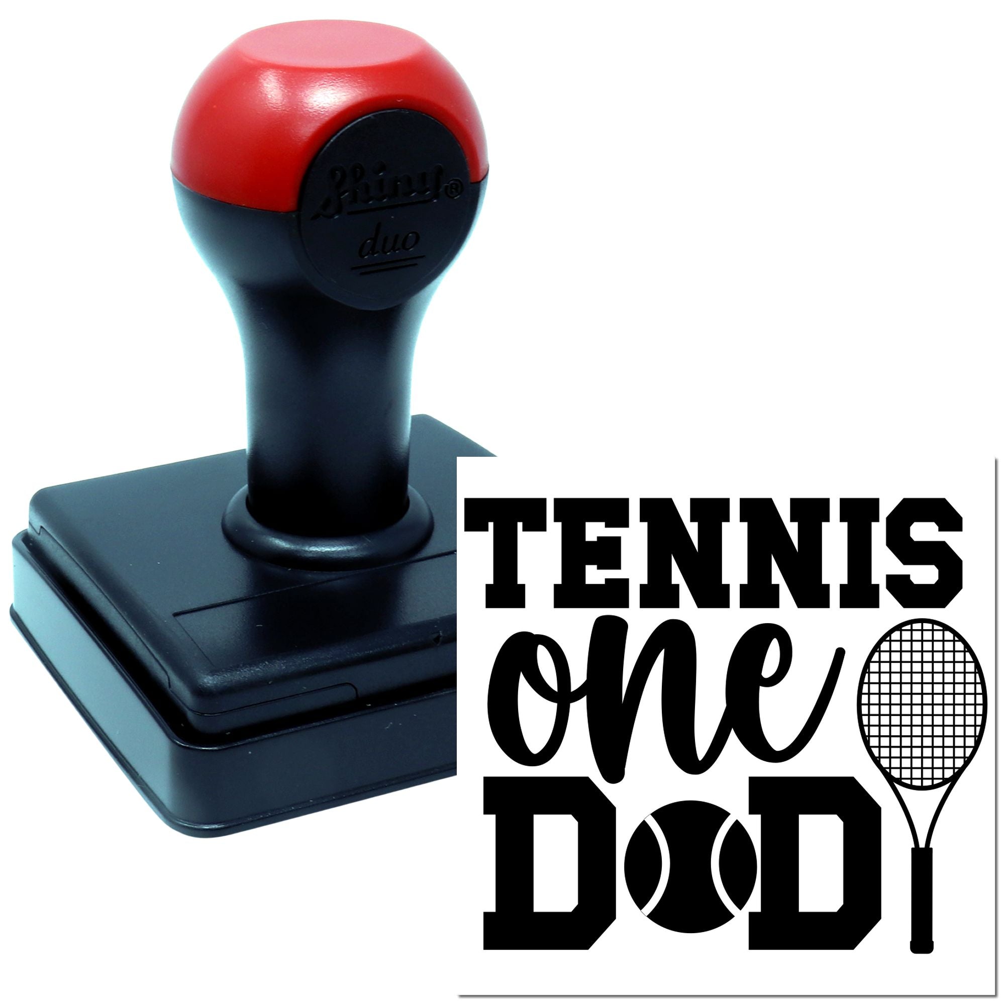 Personalized tennis dad rubber stamp, self-inking custom design with Tennis One Dad text, racket and tennis ball.