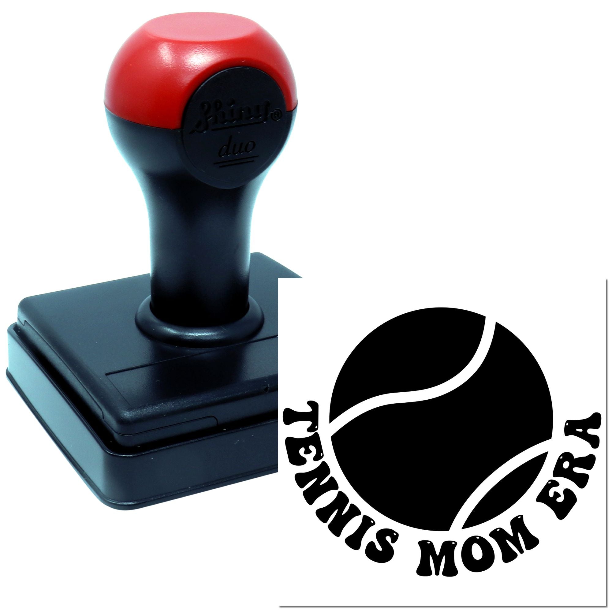 Custom self-inking rubber stamp with Tennis Mom tennis ball design for sports-themed branding and paper marking.