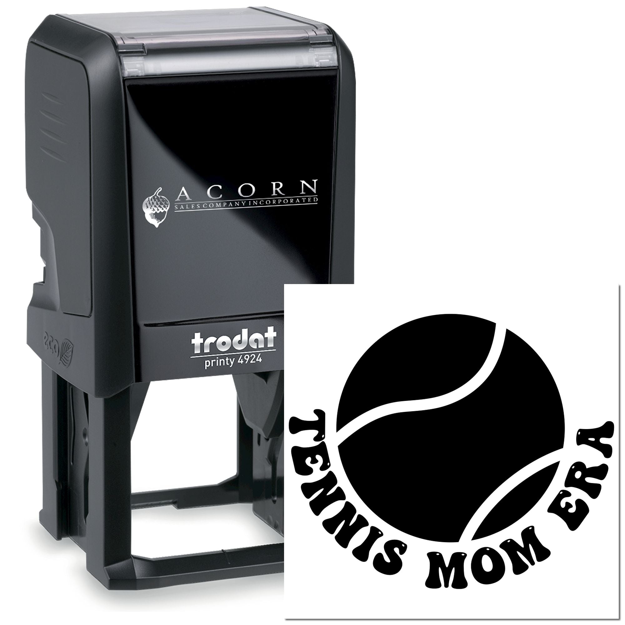 Custom self-inking rubber stamp with logo imprint, Trodat Printy 4924, ideal for business branding and address stamping.