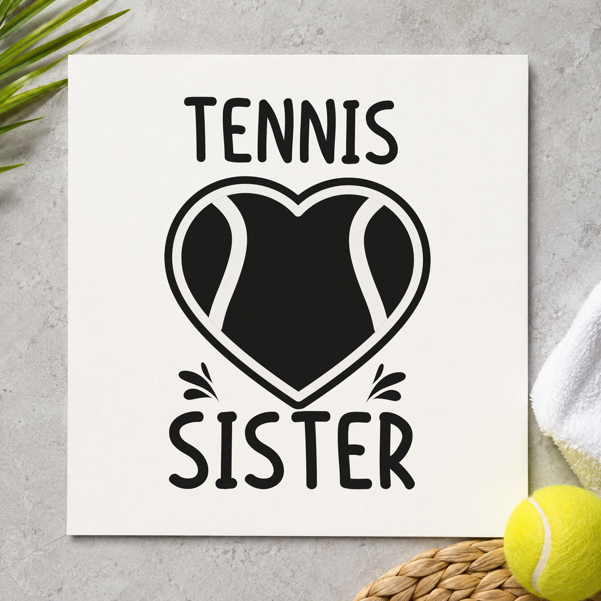 Tennis Sister Heart Ball craft stamp in black ink on cardstock, an easy option for scrapbook album page.