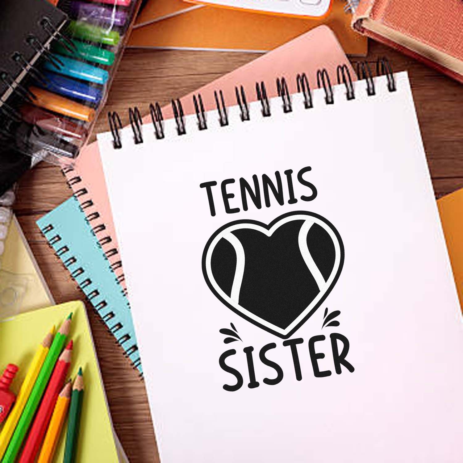 Tennis Sister rubber stamp design on notebook, perfect for personalized sports gifts and tennis-loving sisters.