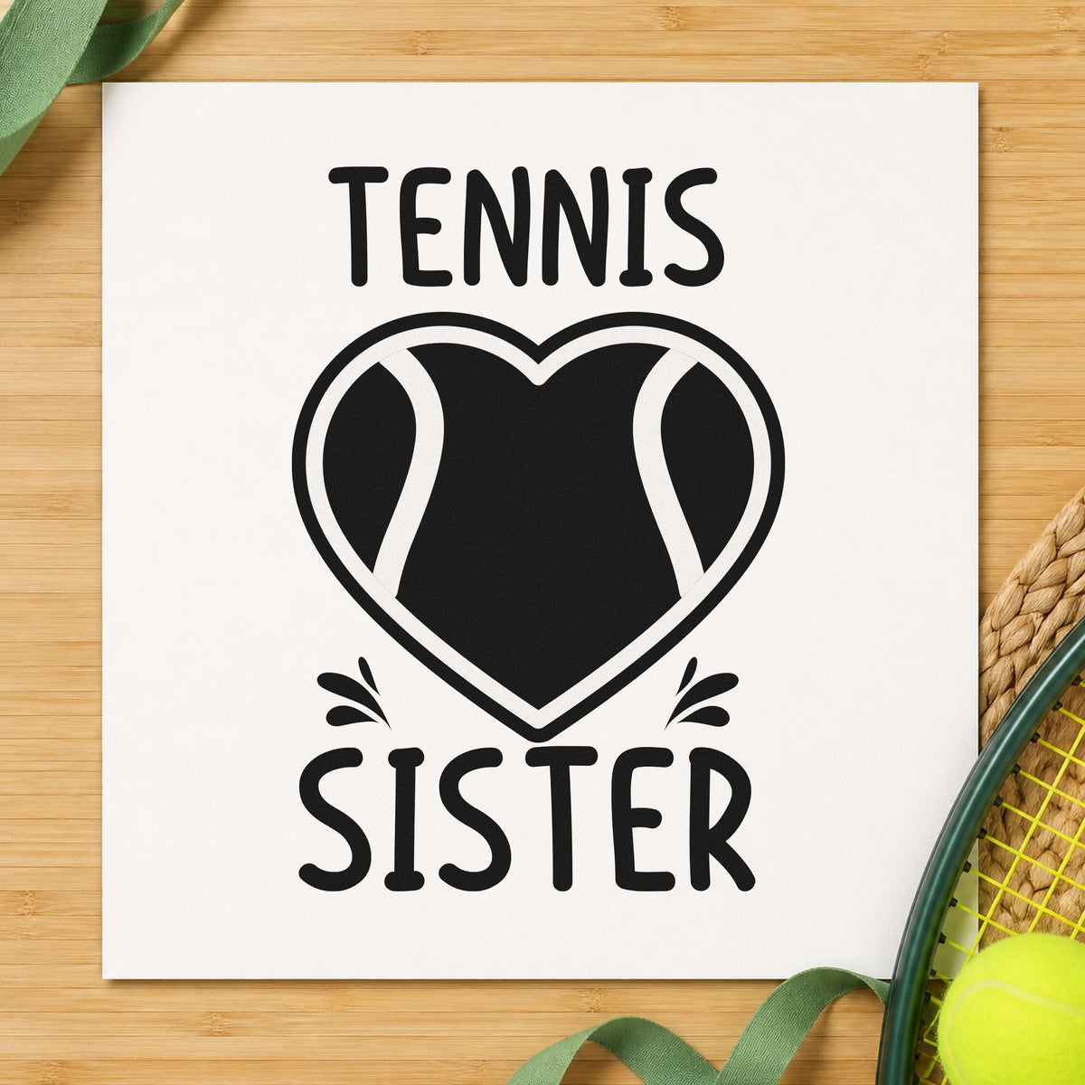 Tennis Sister Heart Ball craft stamp imprint in black ink on a handmade project, one idea being clipping gift tags.