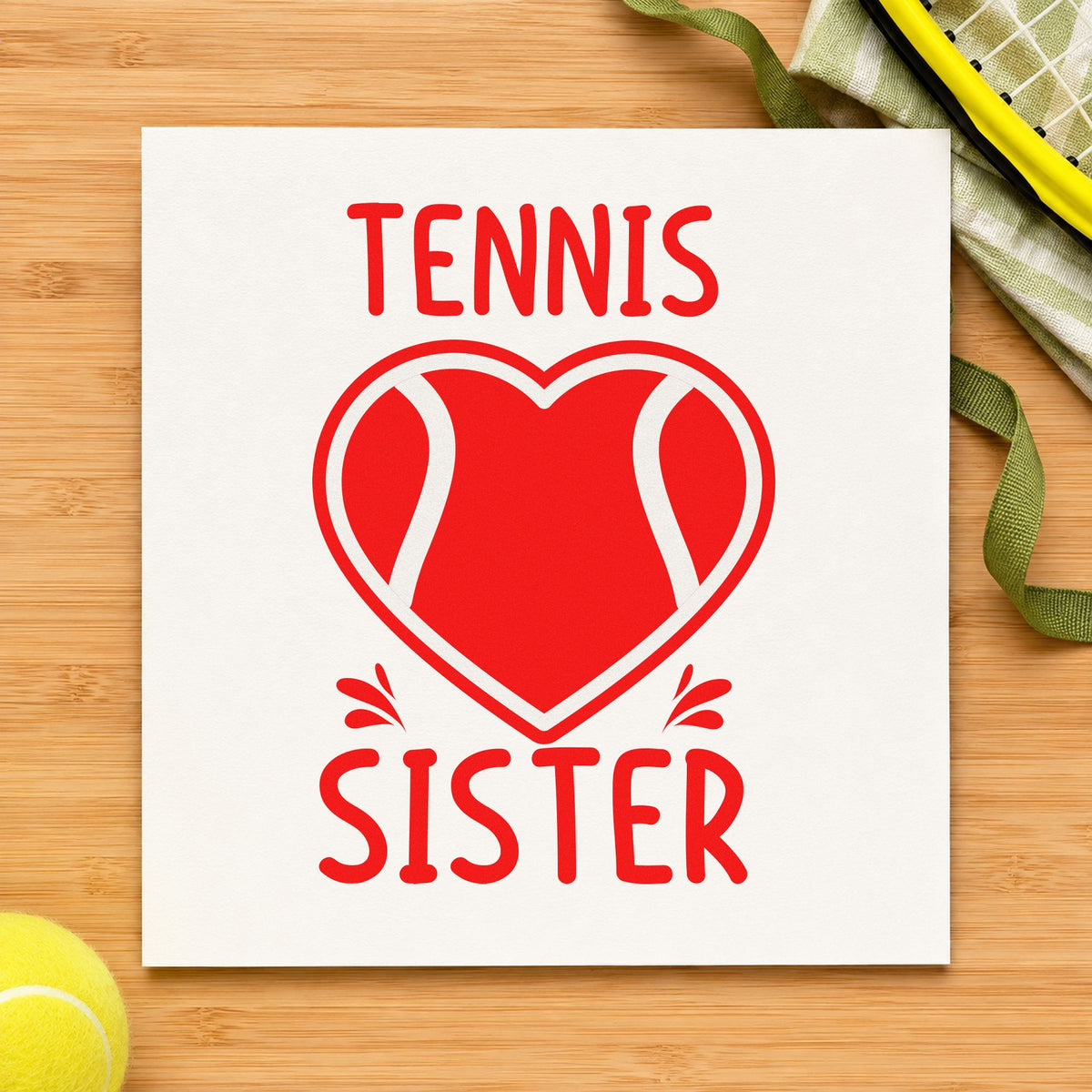 Tennis Sister Heart Ball rubber stamp shown in red ink, stamped for projects such as box season labels.