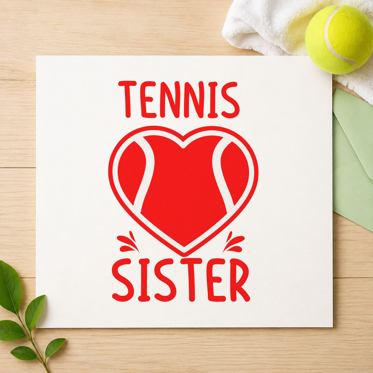 Tennis Sister Heart Ball craft stamp imprint in red ink on a handmade project, one idea being season recap cards.