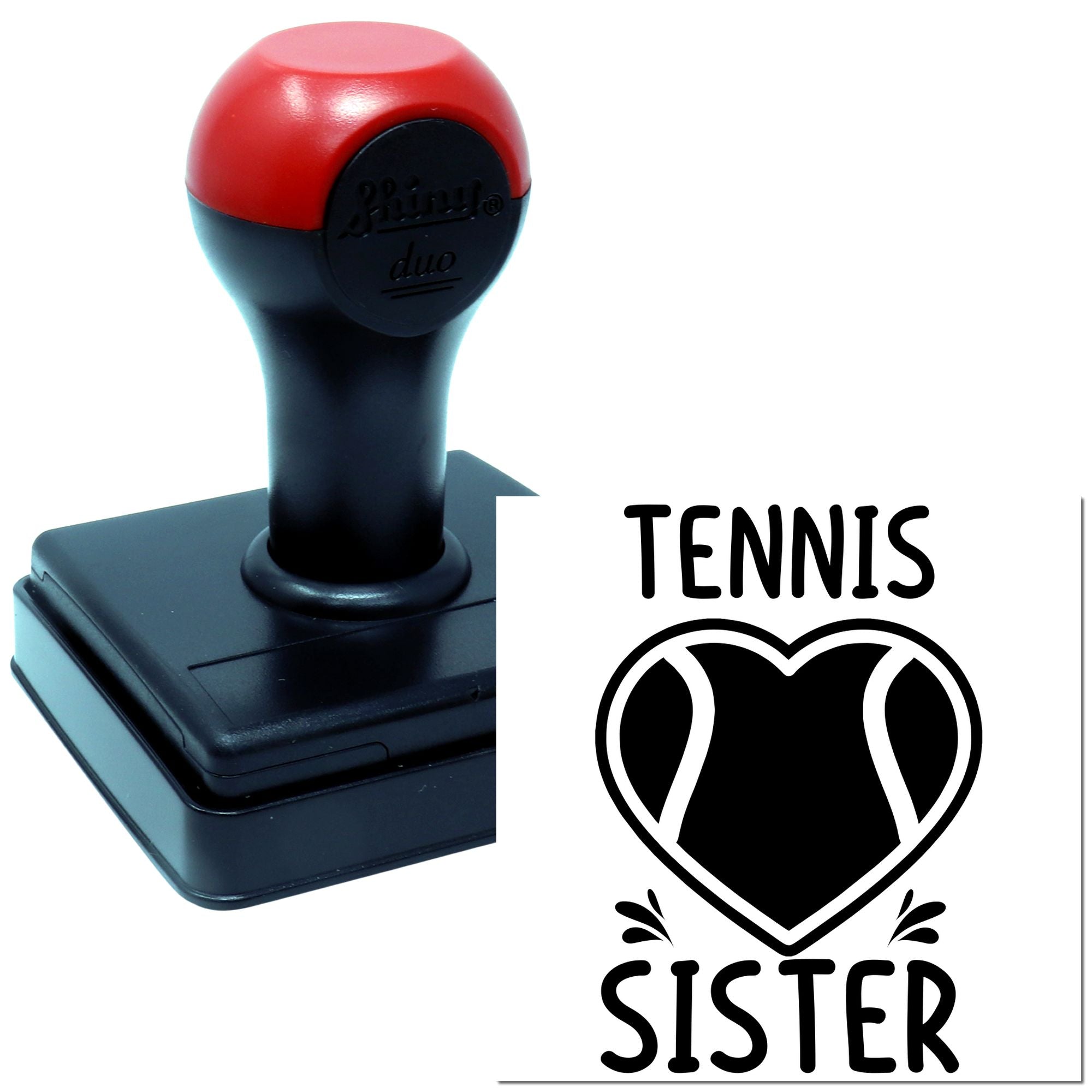 Personalized tennis sister rubber stamp with heart design for custom sports stationery, gifts, and team support.