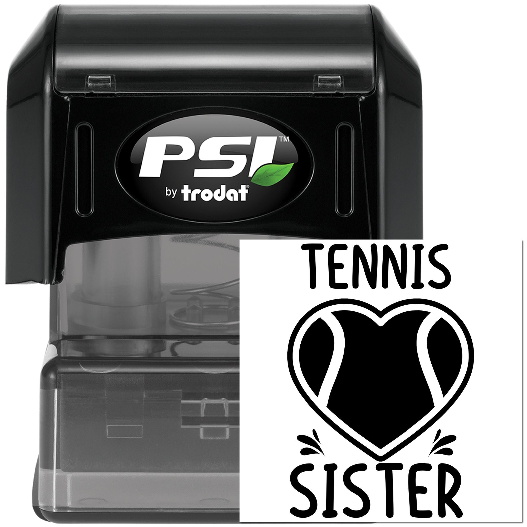 PSI by Trodat self-inking rubber stamp with custom Tennis Sister design for personalized tennis gifts.