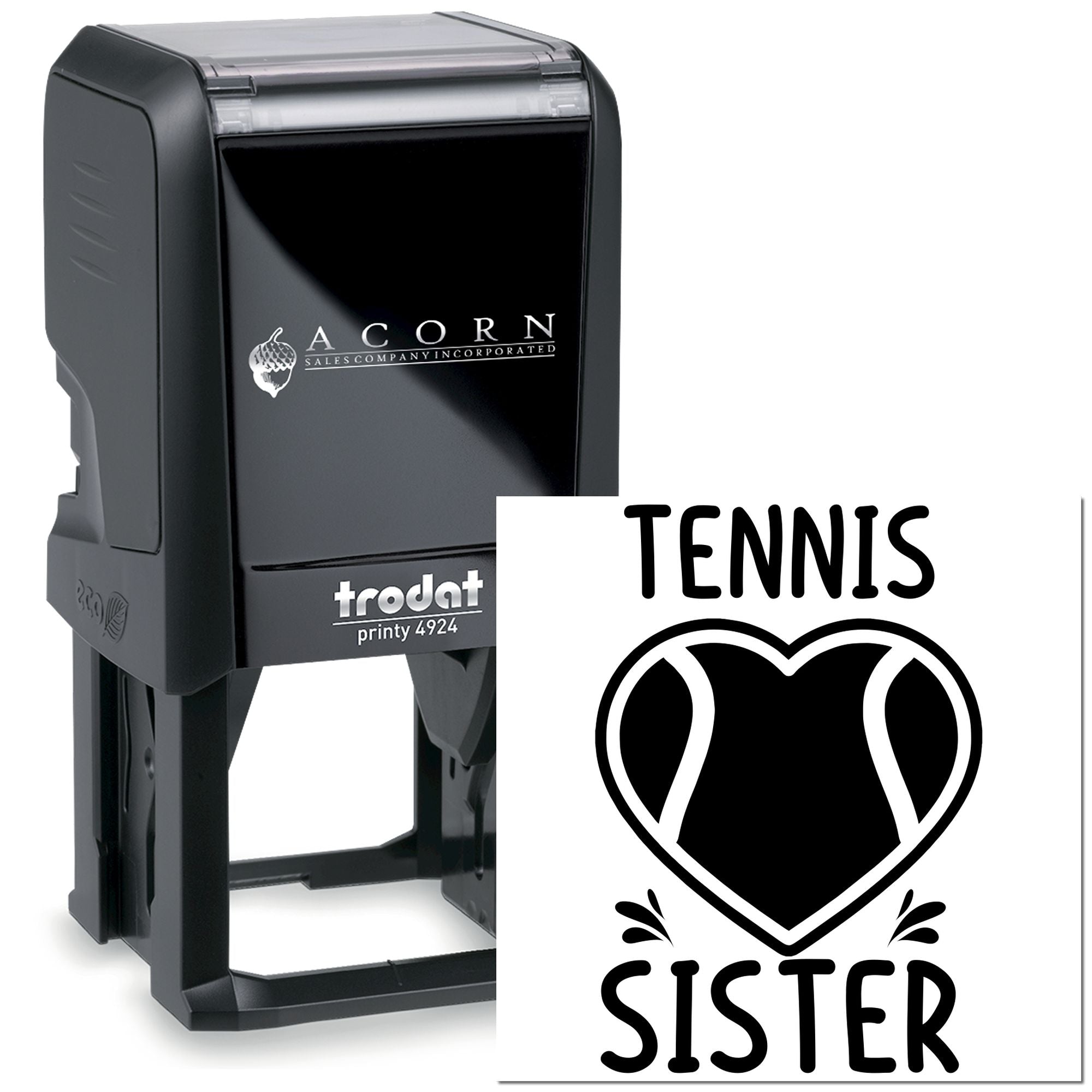 Custom self-inking rubber stamp for tennis sister gifts, with heart design and Trodat Printy 4924 stamp impression.