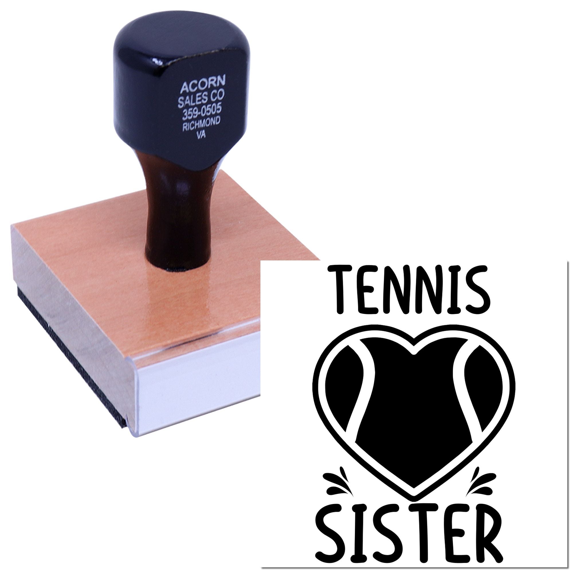 Custom tennis sister rubber stamp with heart design, ideal for personalized craft projects and sports-themed stationery.