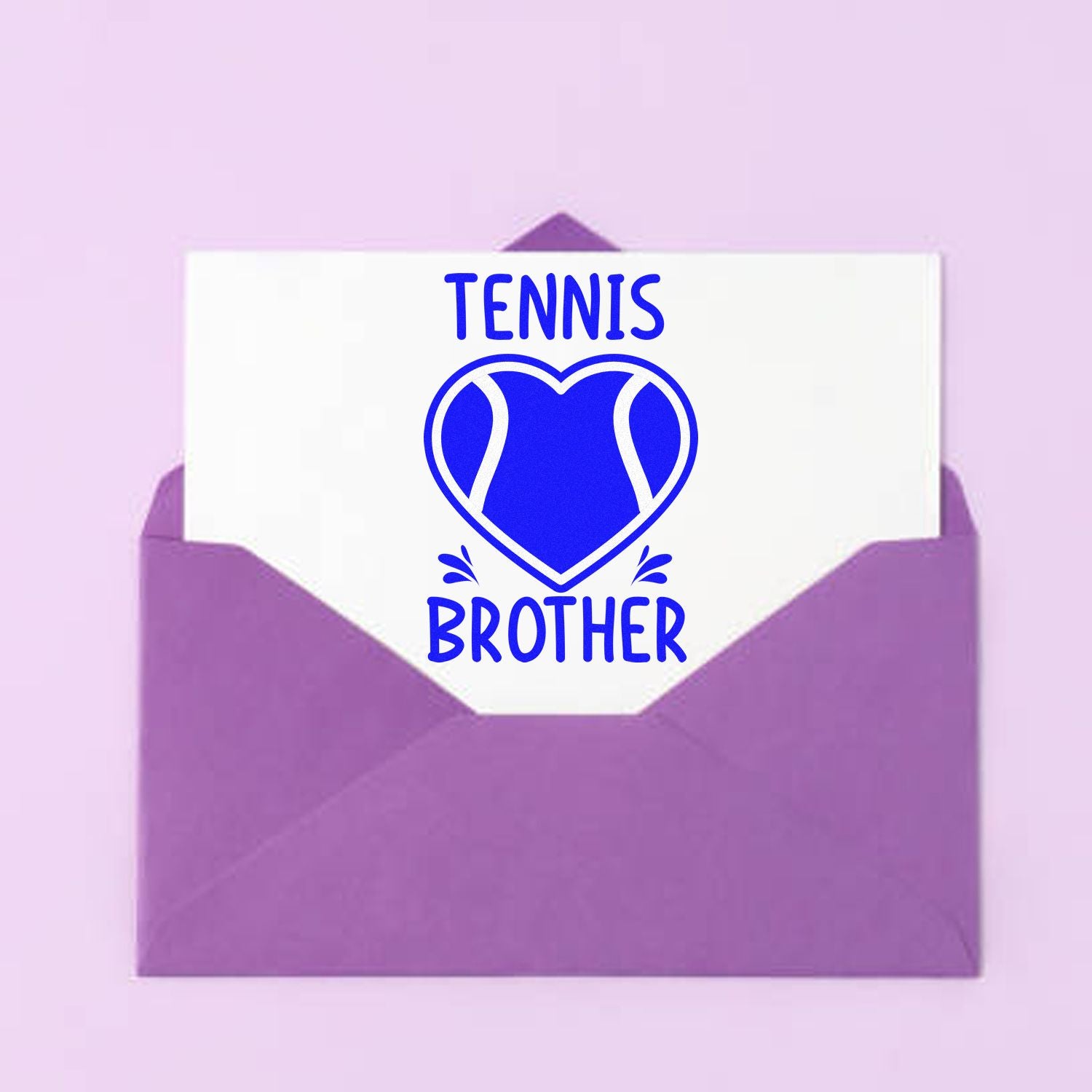 Tennis Brother rubber stamp design on a purple envelope, featuring a blue heart-shaped tennis ball graphic.