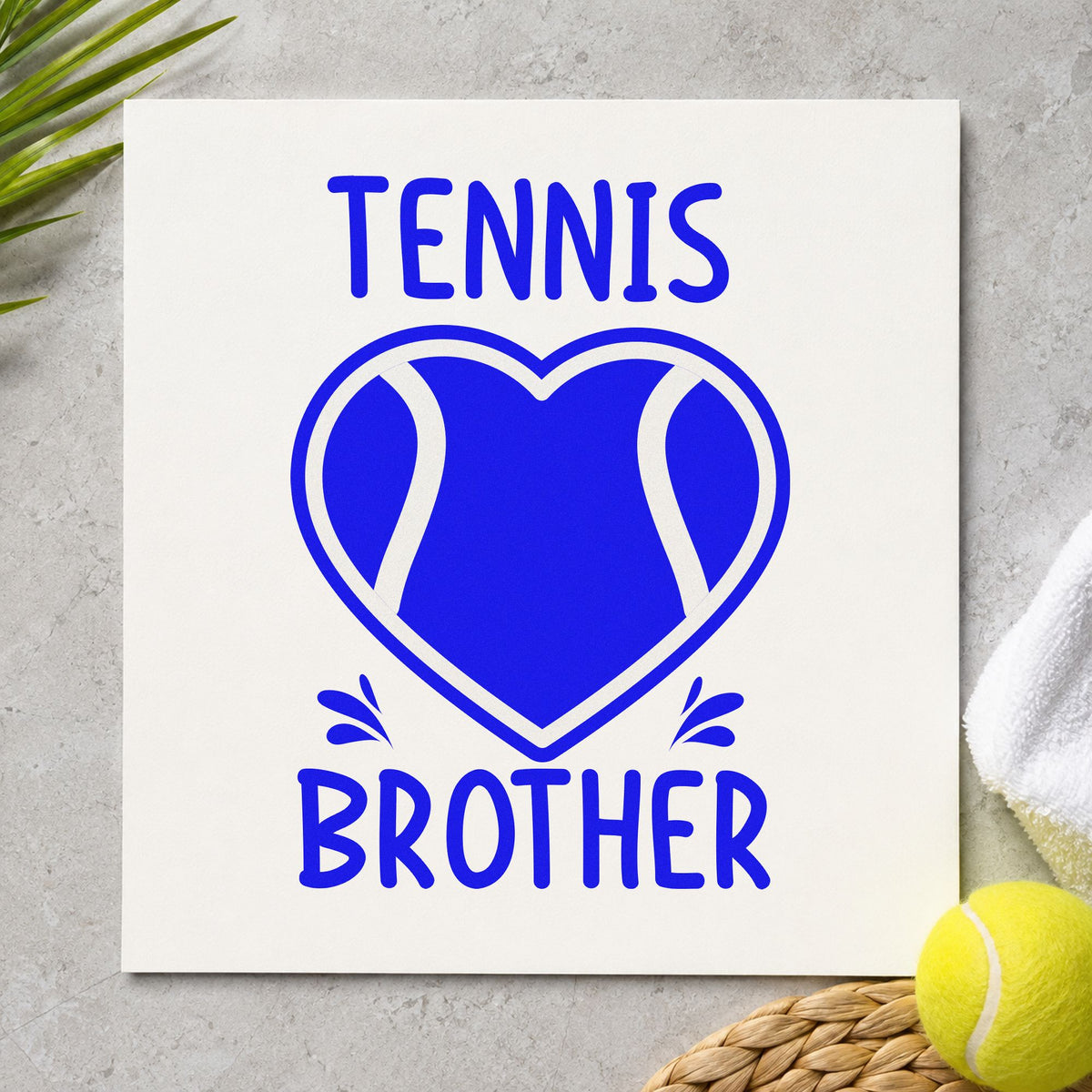 Tennis Brother Heart Ball craft stamp imprinted in blue ink on paper, a design suited to framed garage wall.