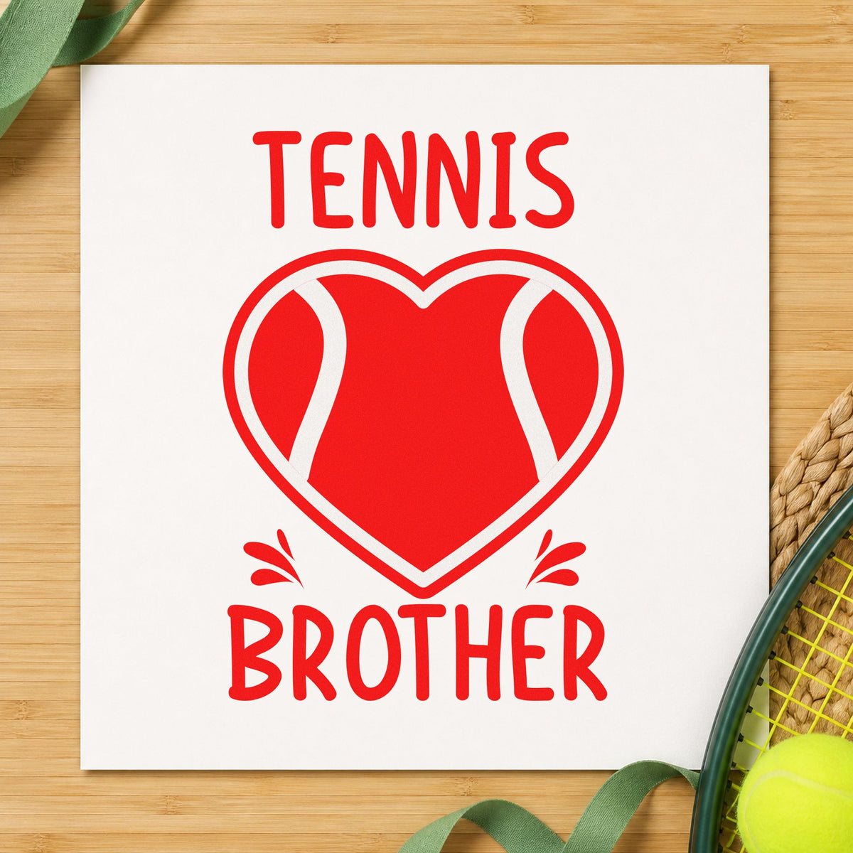 Tennis Brother Heart Ball rubber stamp shown in red ink, stamped for projects such as bin ball labels.