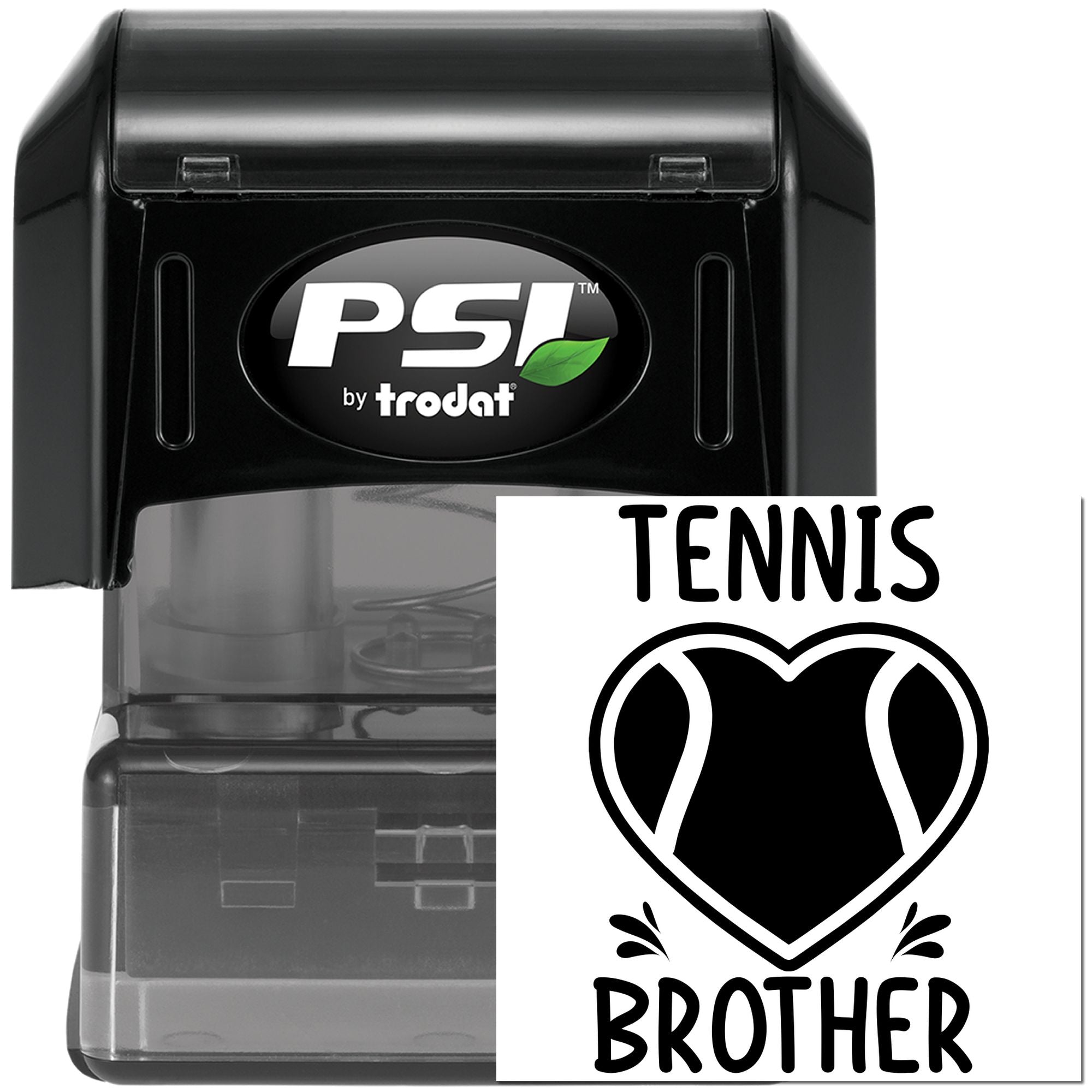 Personalized tennis brother self-inking rubber stamp, PSI by Trodat with heart tennis design.
