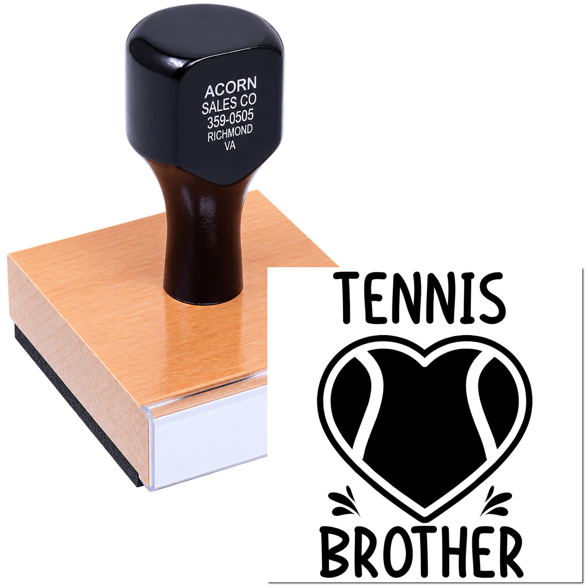 Custom tennis brother rubber stamp with wooden handle, ideal for handmade sports cards, gifts, and family scrapbooking.