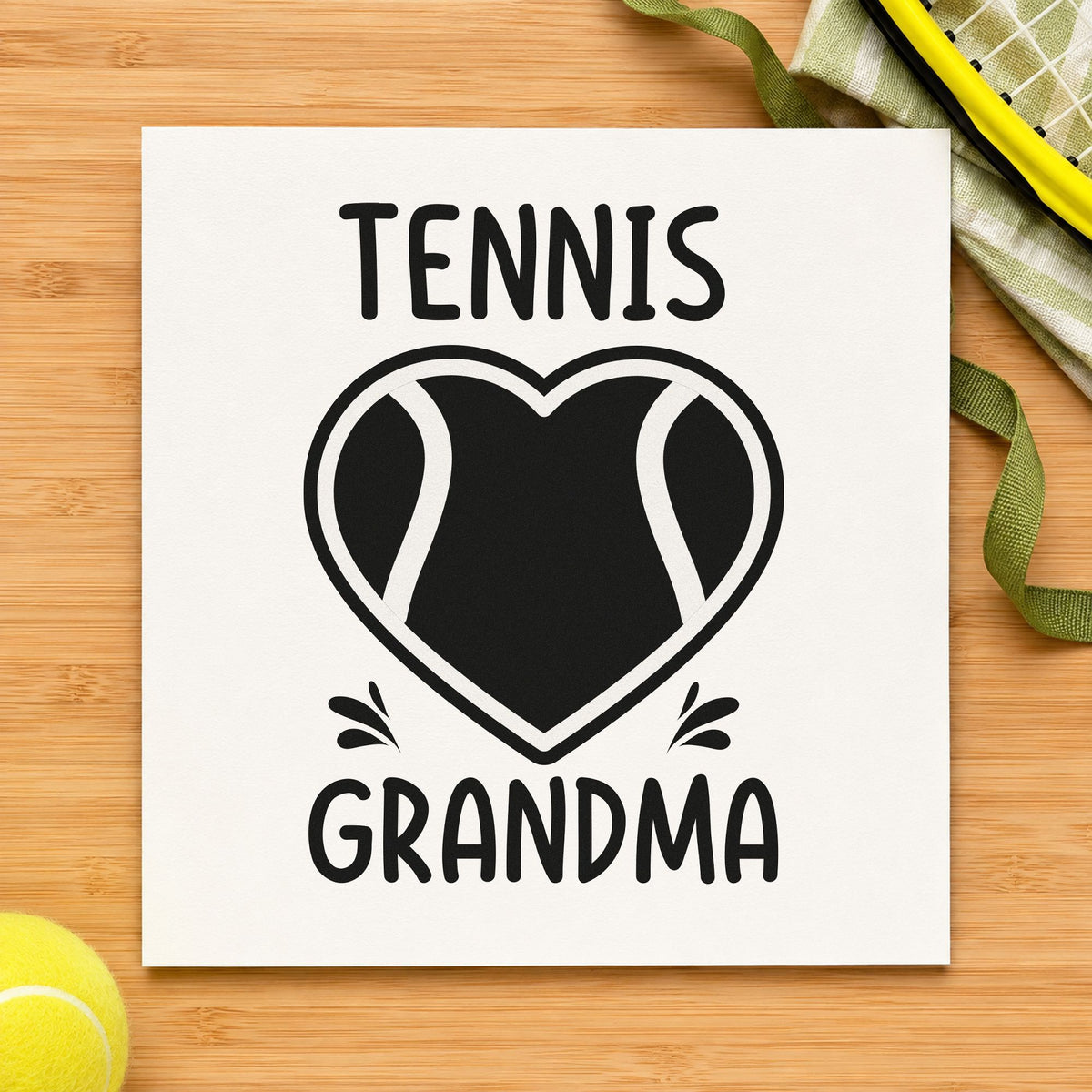 Tennis Grandma Heart Ball craft stamp imprint in black ink on a handmade project, one idea being shade kit gift tags.