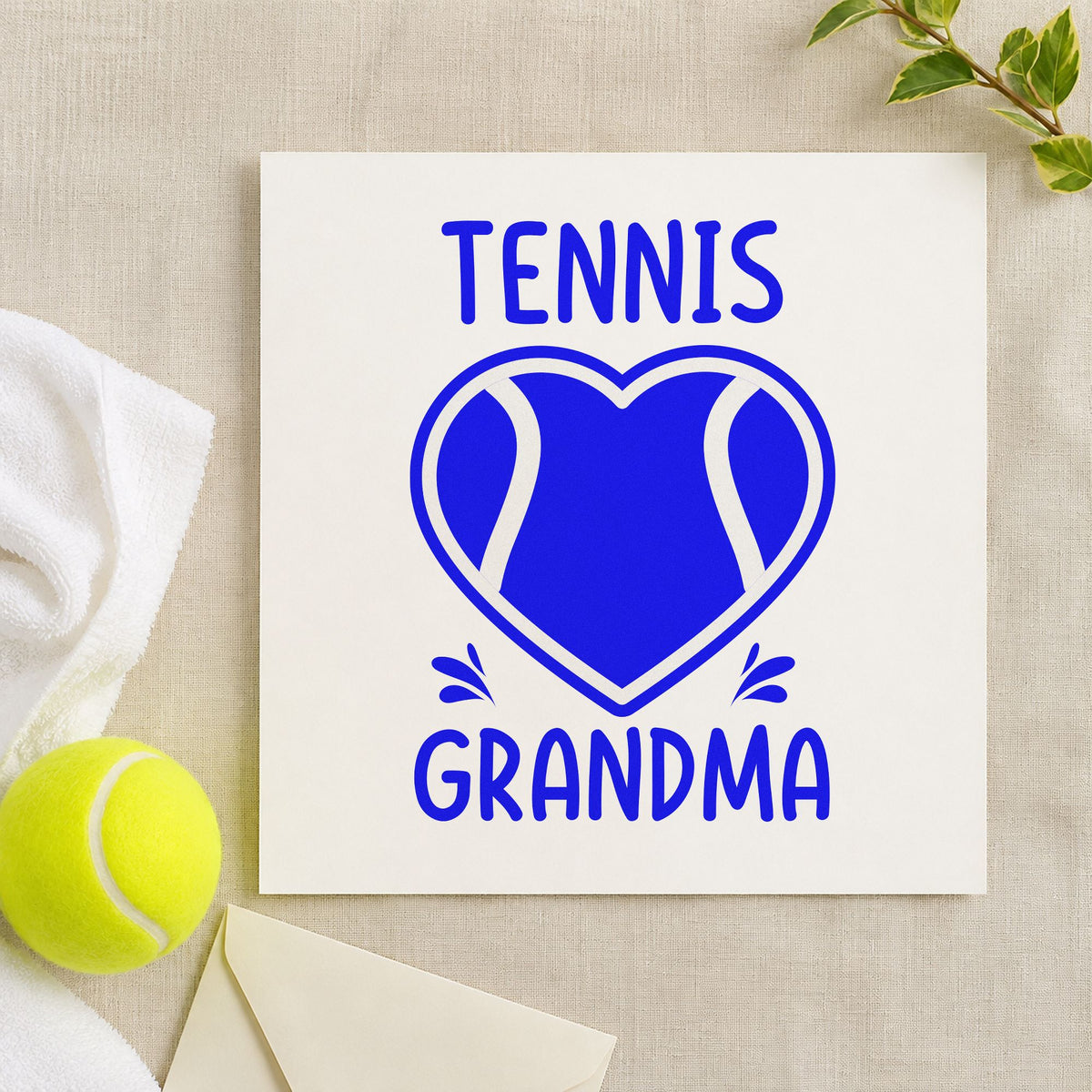 Tennis Grandma Heart Ball craft stamp in blue ink on cardstock, an easy option for chair cover printing.