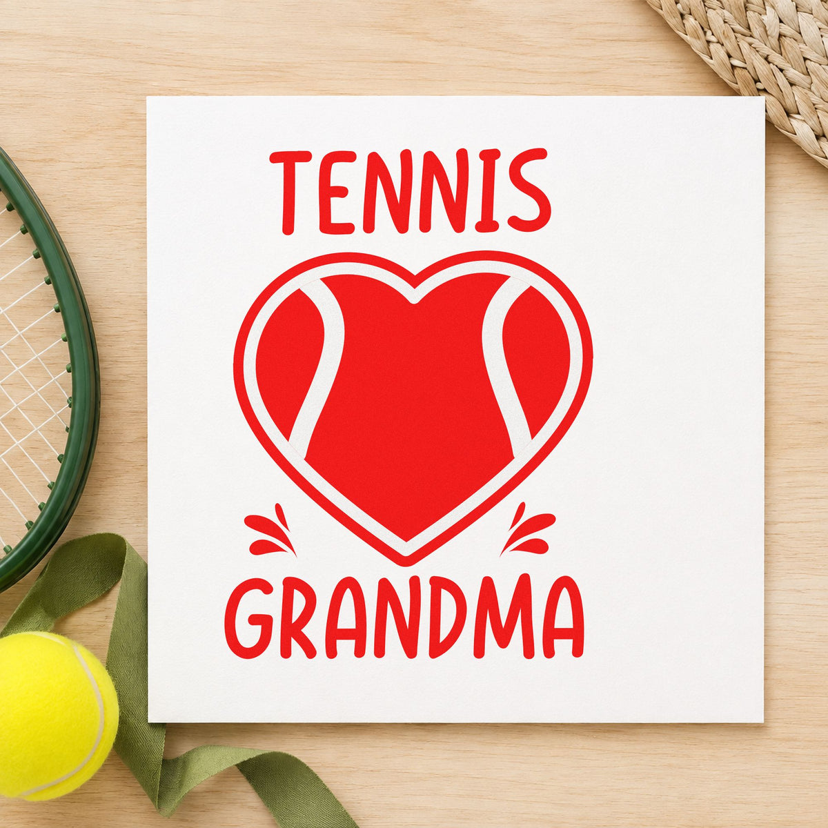 Tennis Grandma Heart Ball craft stamp imprint in red ink on a handmade project, one idea being score note cards.