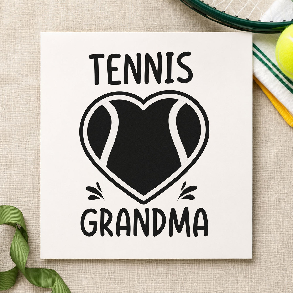 Tennis Grandma Heart Ball rubber stamp printed in black ink, ready for heart ball cards and similar paper crafts.