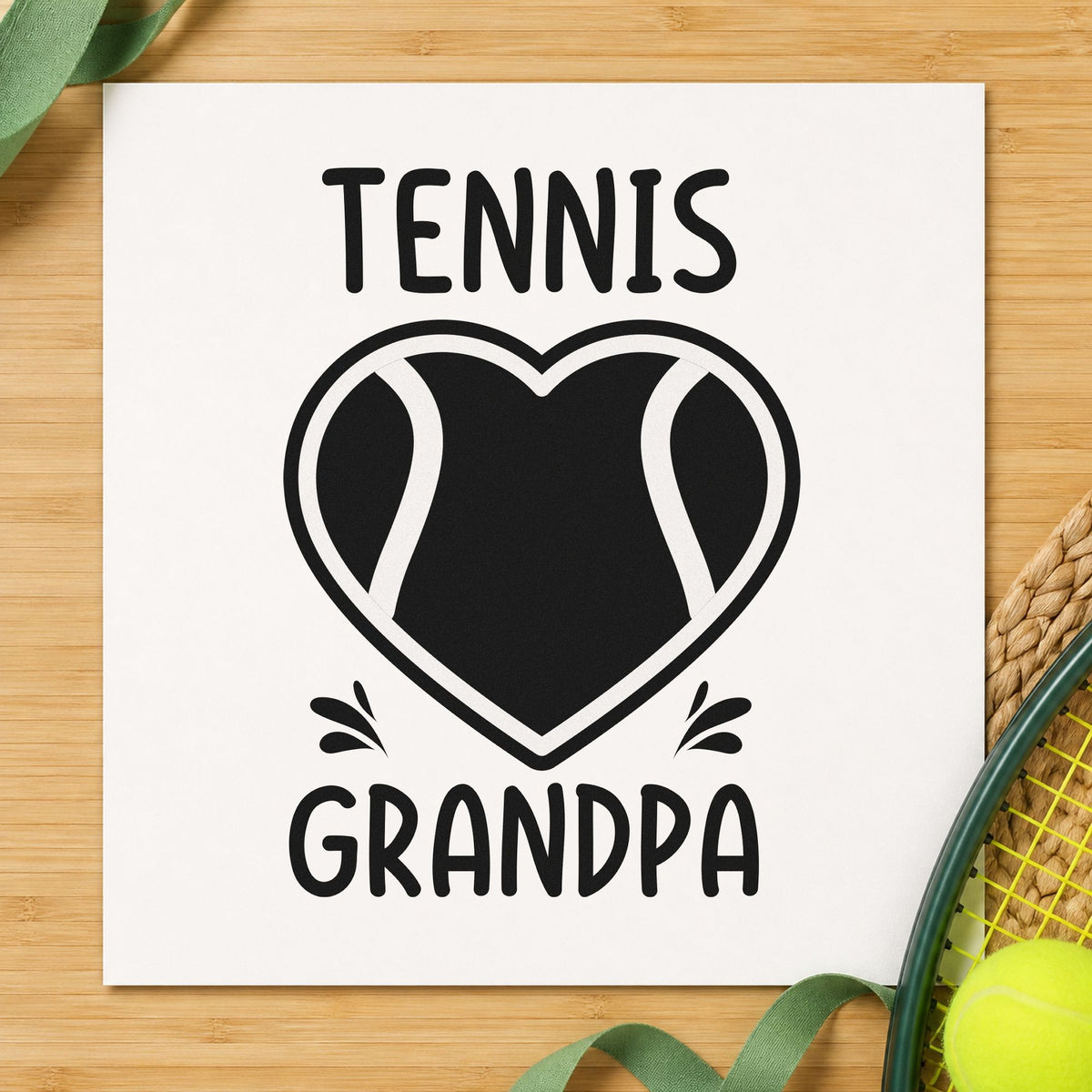 Tennis Grandpa Heart Ball craft stamp imprint in black ink on a handmade project, one idea being coffee gift tags.