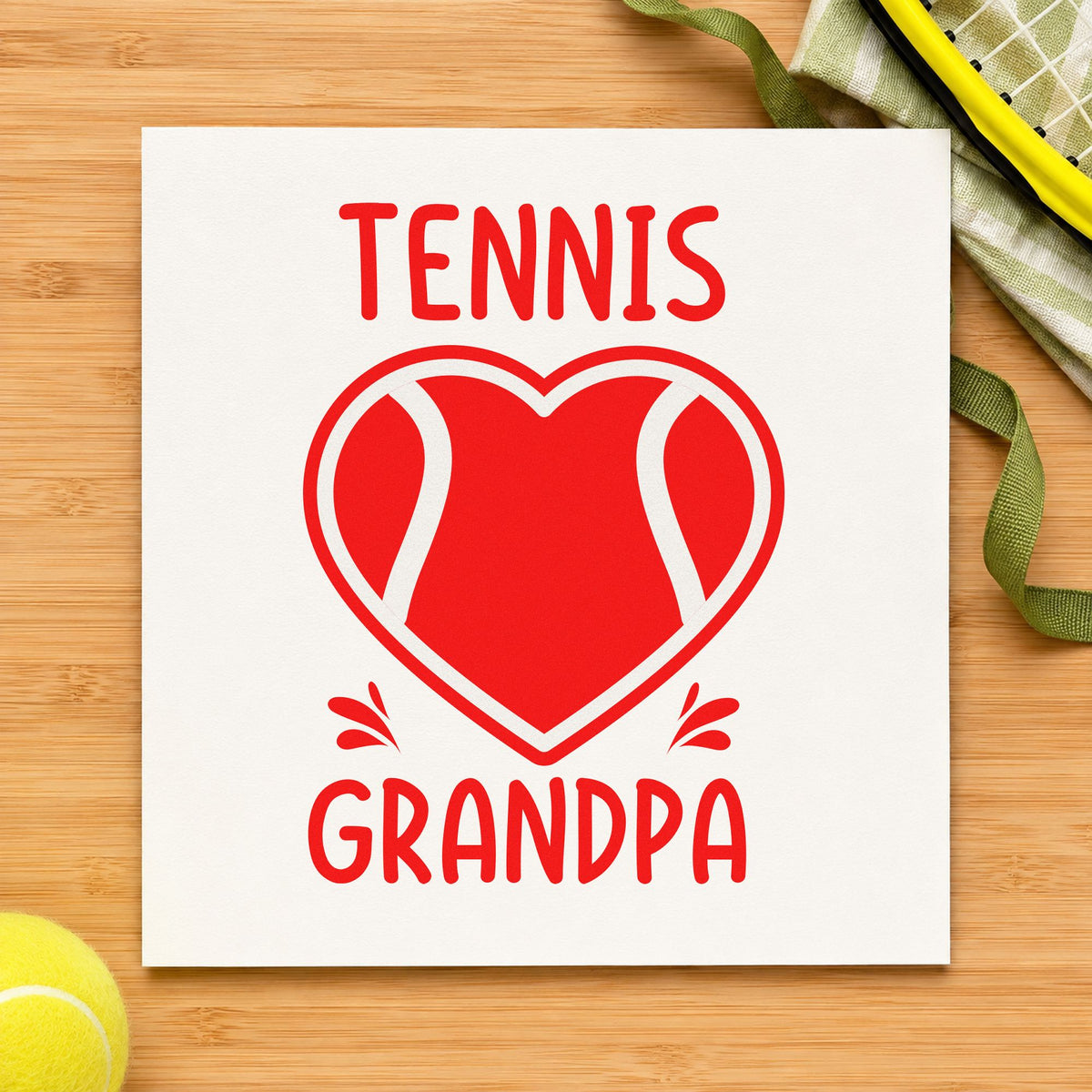 Tennis Grandpa Heart Ball rubber stamp shown in red ink, stamped for projects such as bin ball labels.