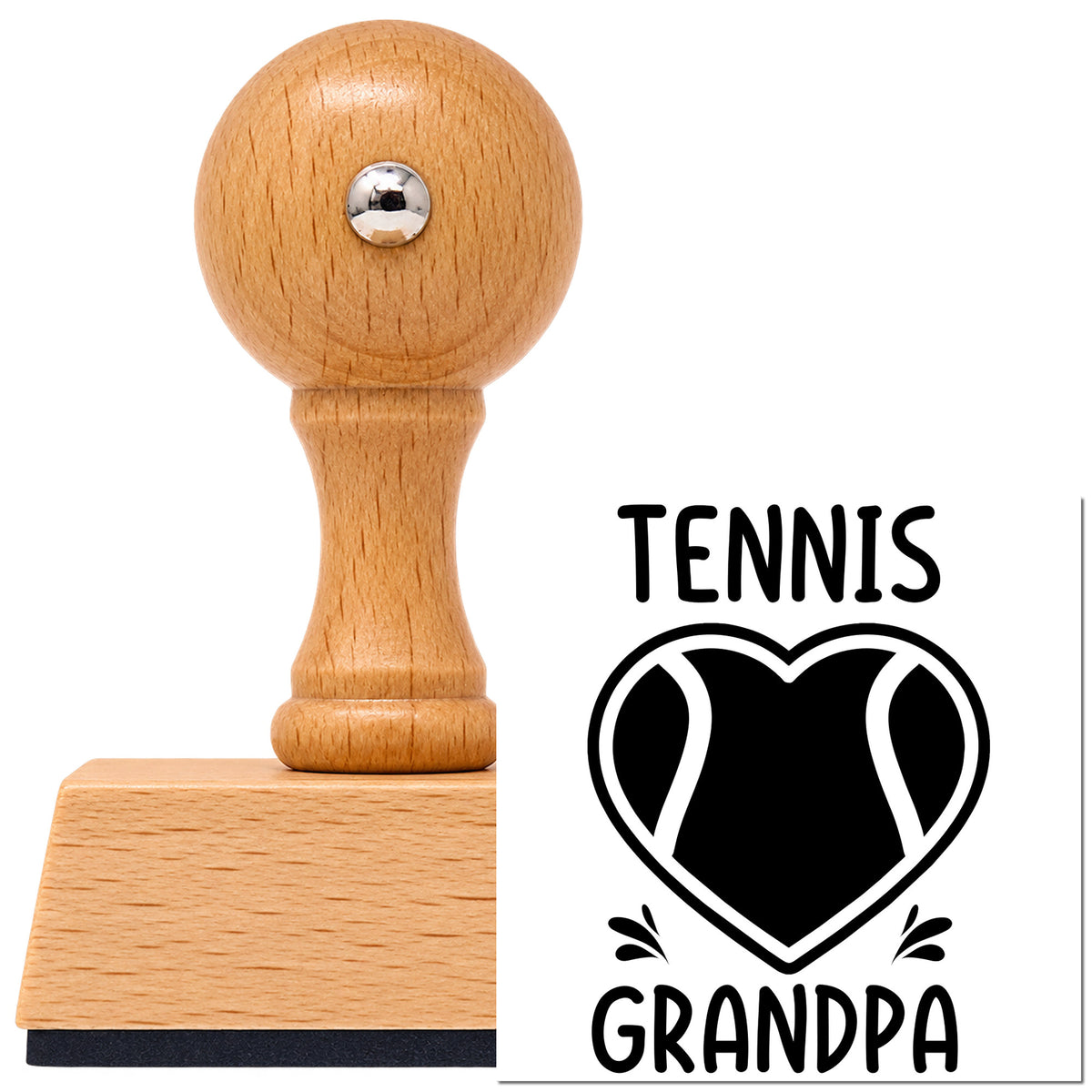 Grandpa Tennis Heart Lettering Vintage Pro rubber stamp in European beech wood with a round knob handle, shown beside its black imprint.