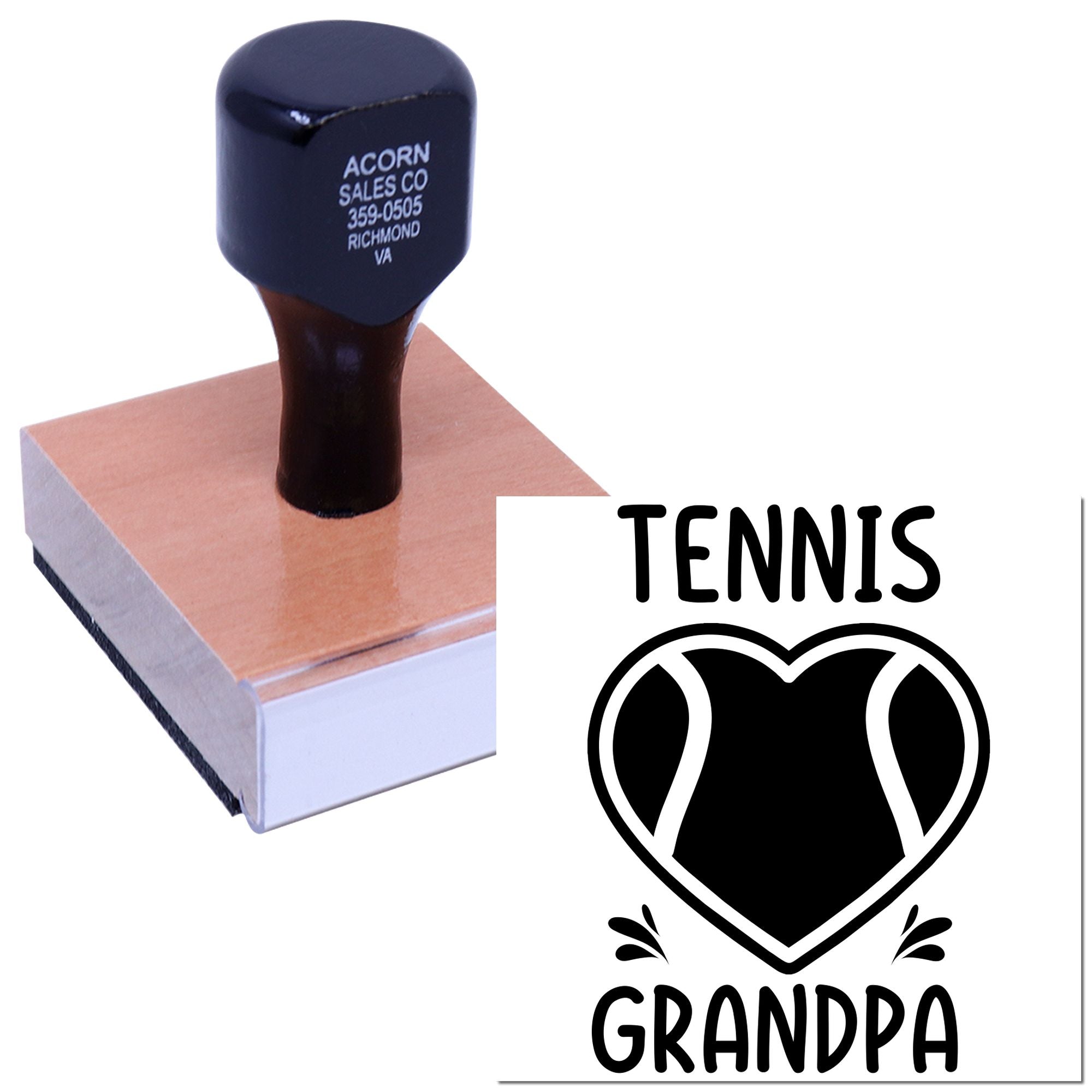 Custom tennis grandma rubber stamp with heart tennis design, ideal for personalized crafts, scrapbooking, and gift packaging.