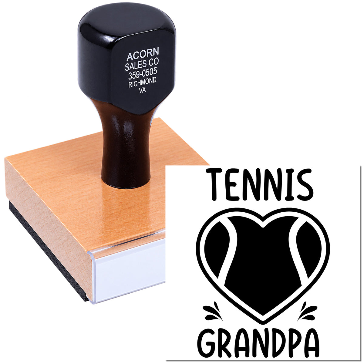 Custom tennis grandma rubber stamp with heart tennis design, ideal for personalized crafts, scrapbooking, and gift packaging.