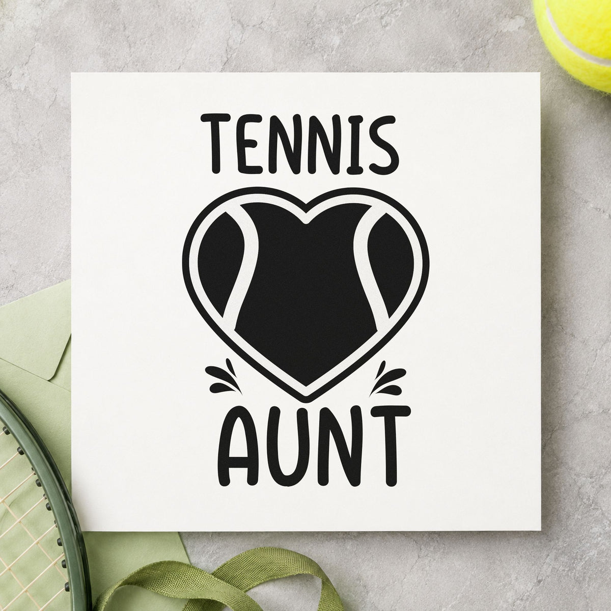Tennis Aunt Heart Ball craft stamp in black ink on cardstock, an easy option for final week album page.