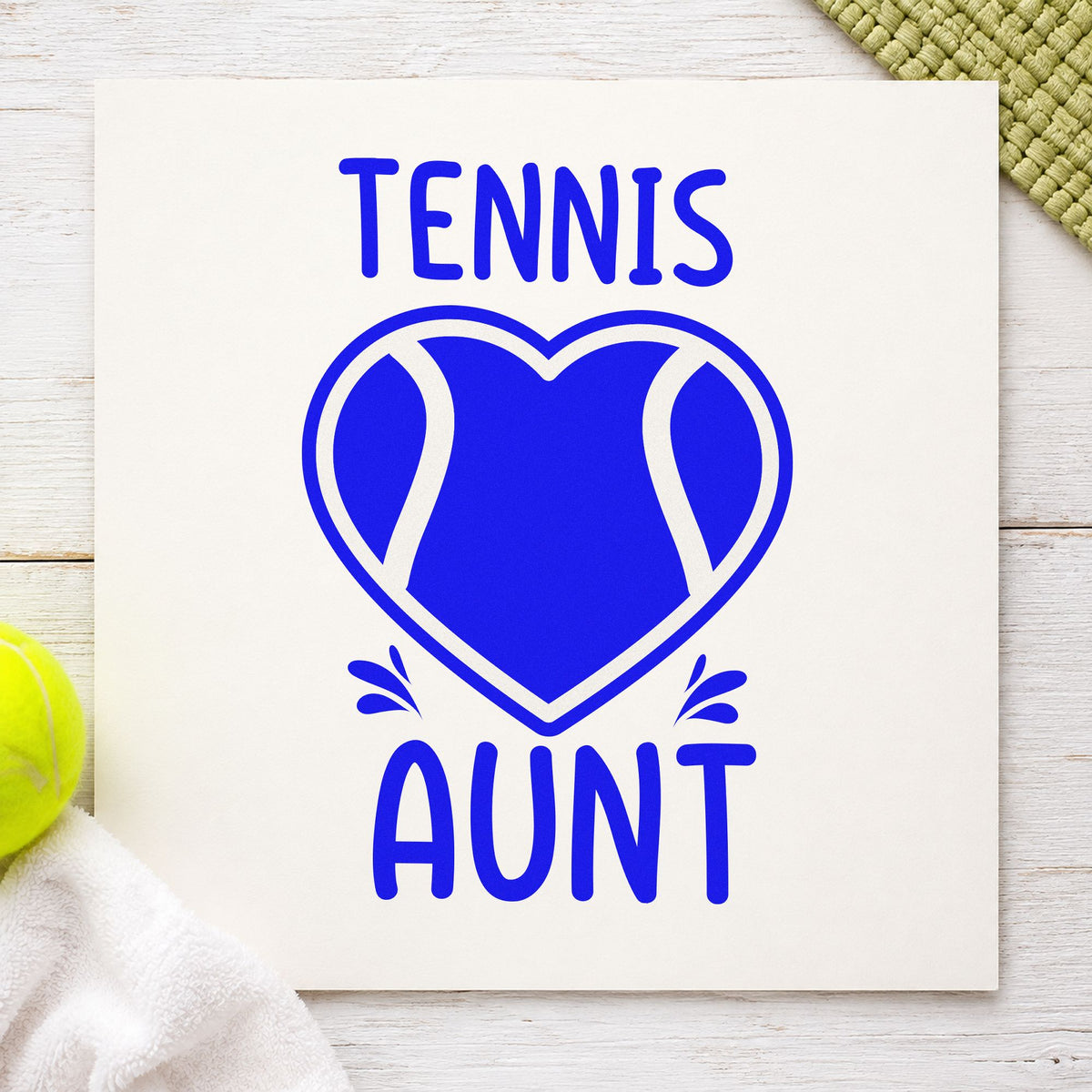 Tennis Aunt Heart Ball craft stamp in blue ink on cardstock, an easy option for stadium scarf printing.