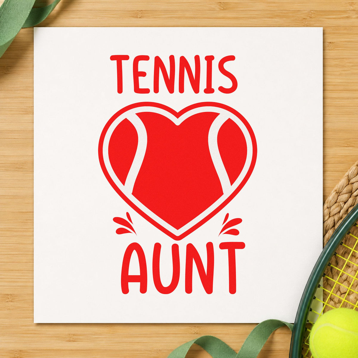 Tennis Aunt Heart Ball rubber stamp shown in red ink, stamped for projects such as bin trip labels.