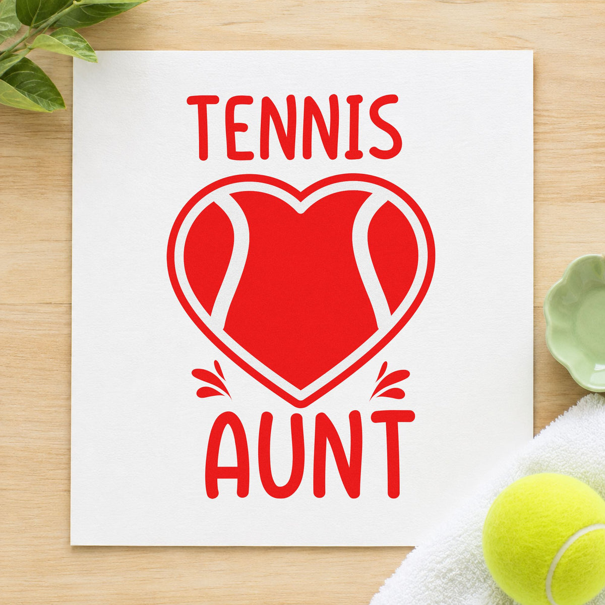 Tennis Aunt Heart Ball craft stamp imprint in red ink on a handmade project, one idea being match plan cards.