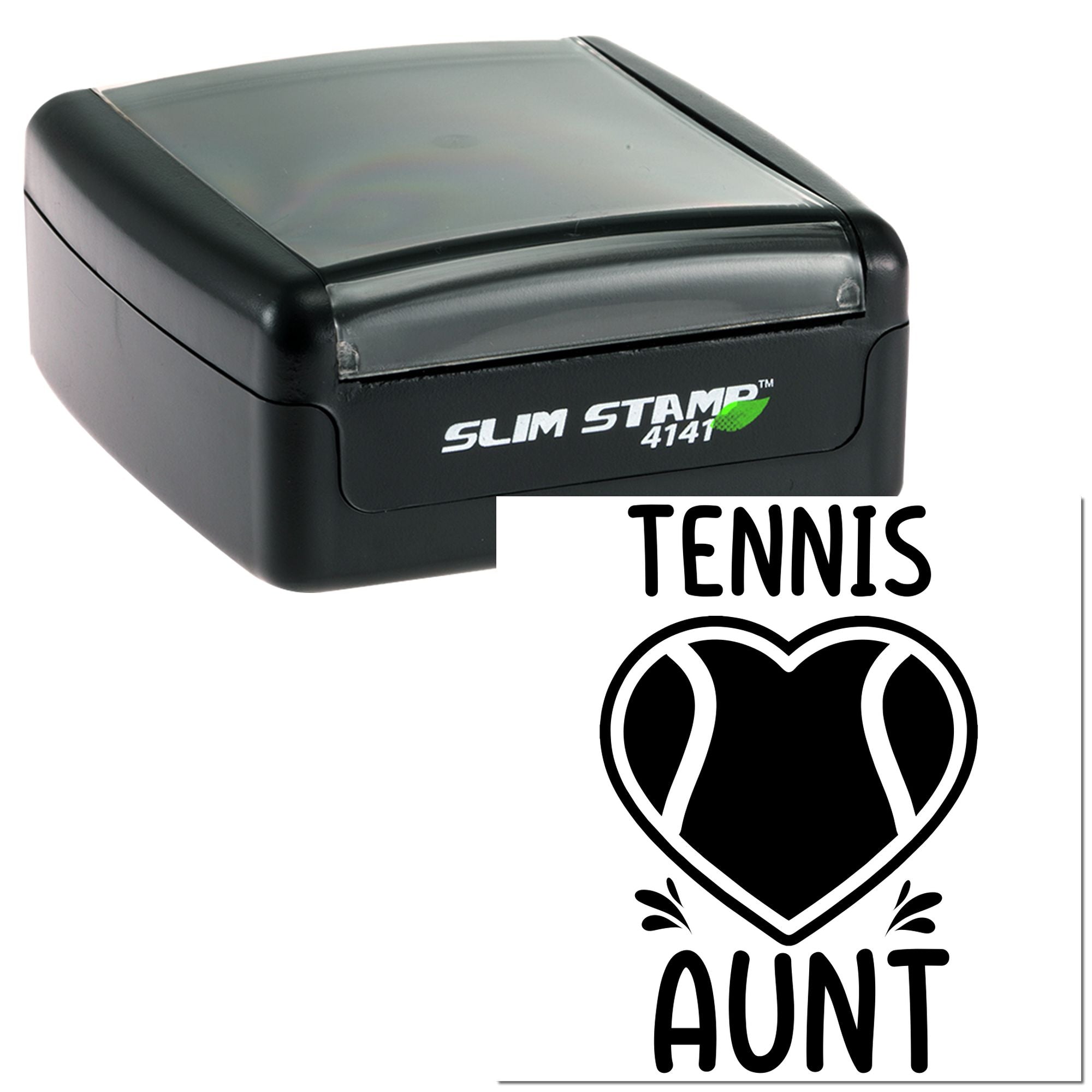 Slim Stamp 4141 rubber stamp with Tennis Aunt design, featuring a heart and tennis ball motif for personalized sports gifts.